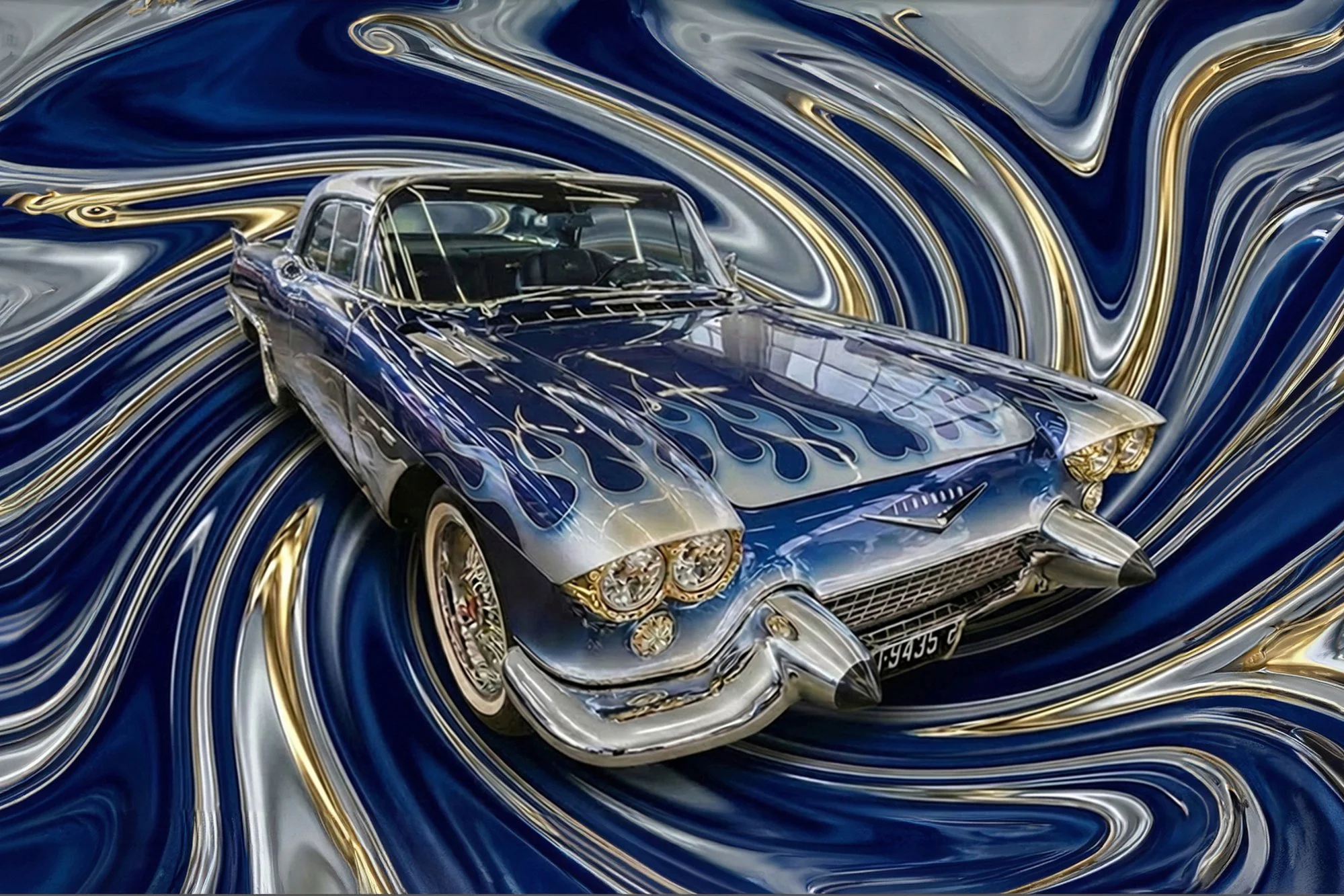 A classic muscle car painted with a glossy blue finish and flame graphics on the hood, set against a swirling abstract background of blue, silver, and gold.