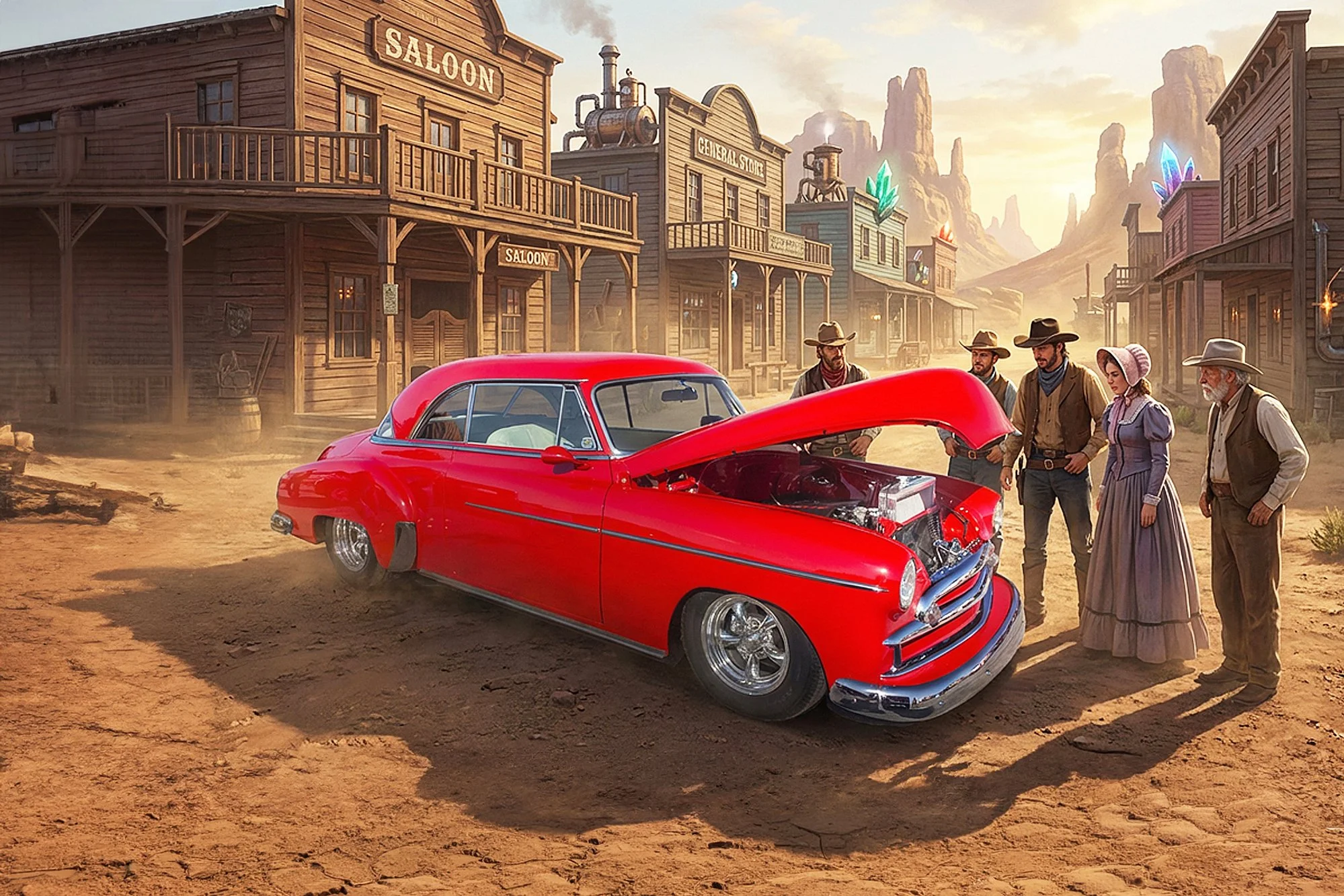A vintage red car with its hood open is parked on a dusty street in a Wild West town at sunset. Four people dressed in Old West attire are gathered around the car, inspecting it. The town has wooden buildings with signs for a saloon and general store