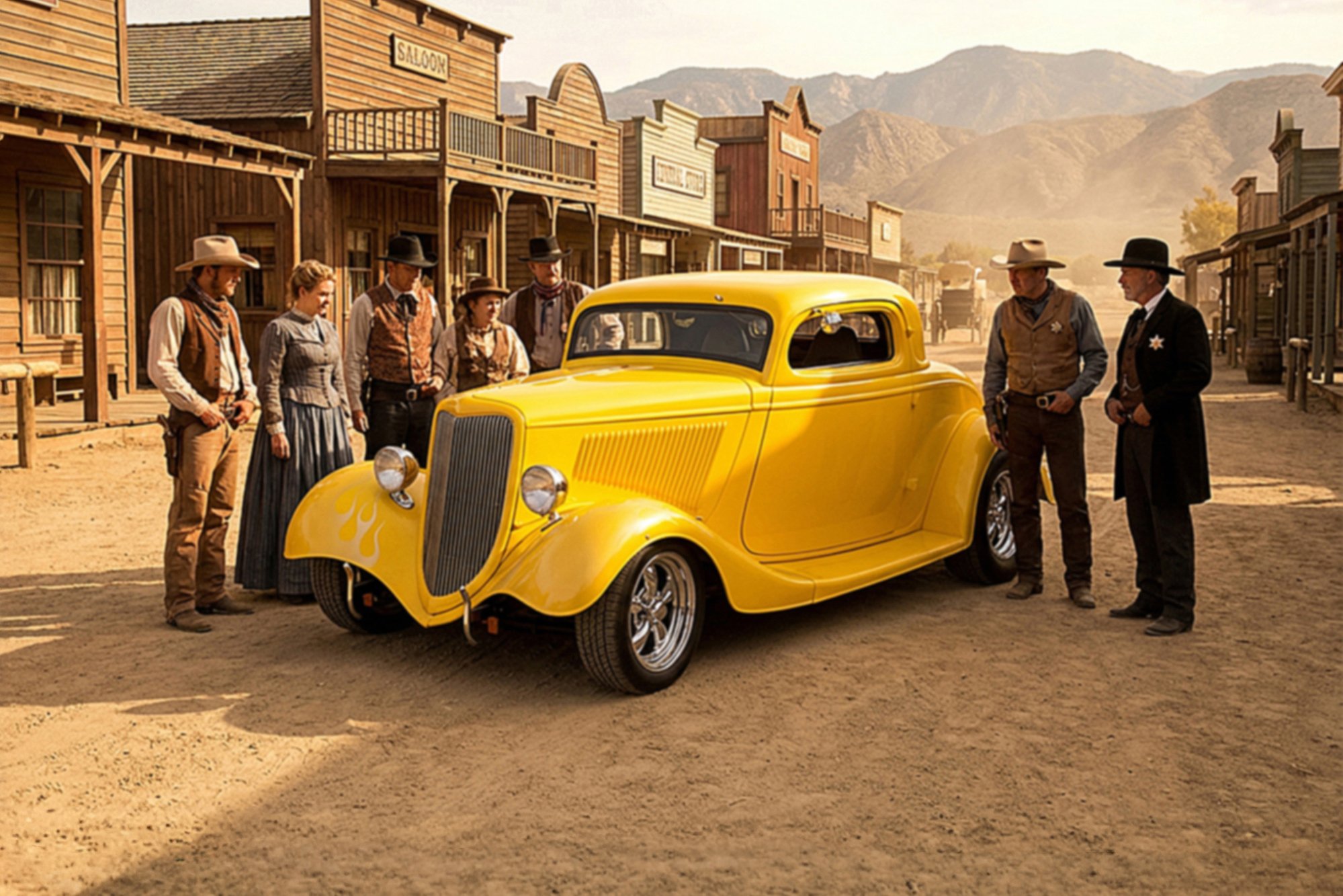 A yellow vintage car with flame decals is parked in a Western town set, surrounded by people dressed in old Western costumes, including cowboys and a woman in period clothing, with wooden buildings and mountains in the background.