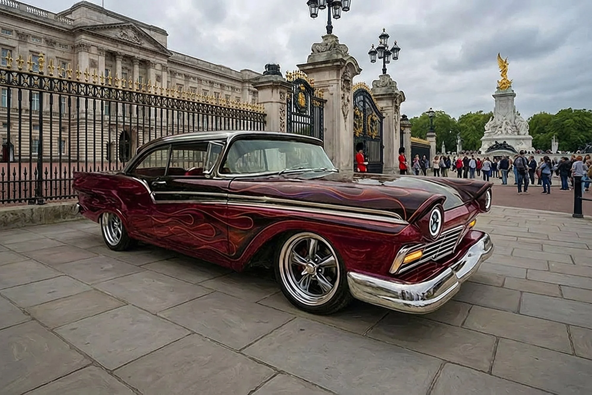 A vintage red and black custom car with flame designs parked in front of a historic palace gate, with a group of tourists and a monument in the background.