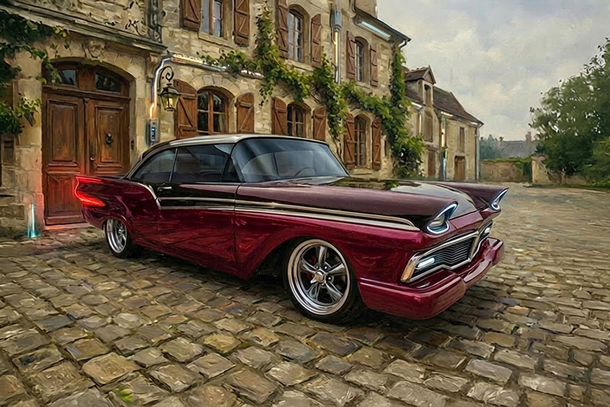 A vintage-style red and black car parked on a cobblestone street in front of a stone building with wooden shutters and climbing plants.
