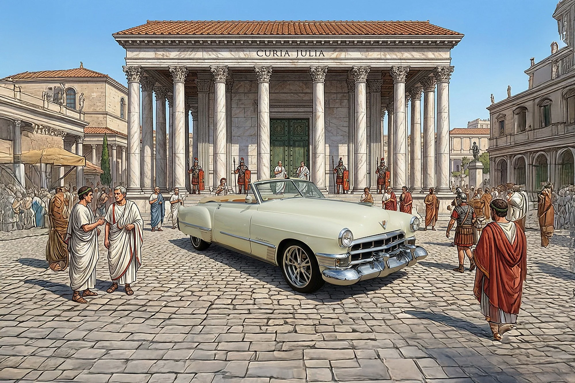 A detailed illustration of an ancient Roman scene with classical architecture, Roman soldiers, and people in traditional Roman clothing surrounding a modern white convertible car parked in front of a building labeled 'Curia Julia'.