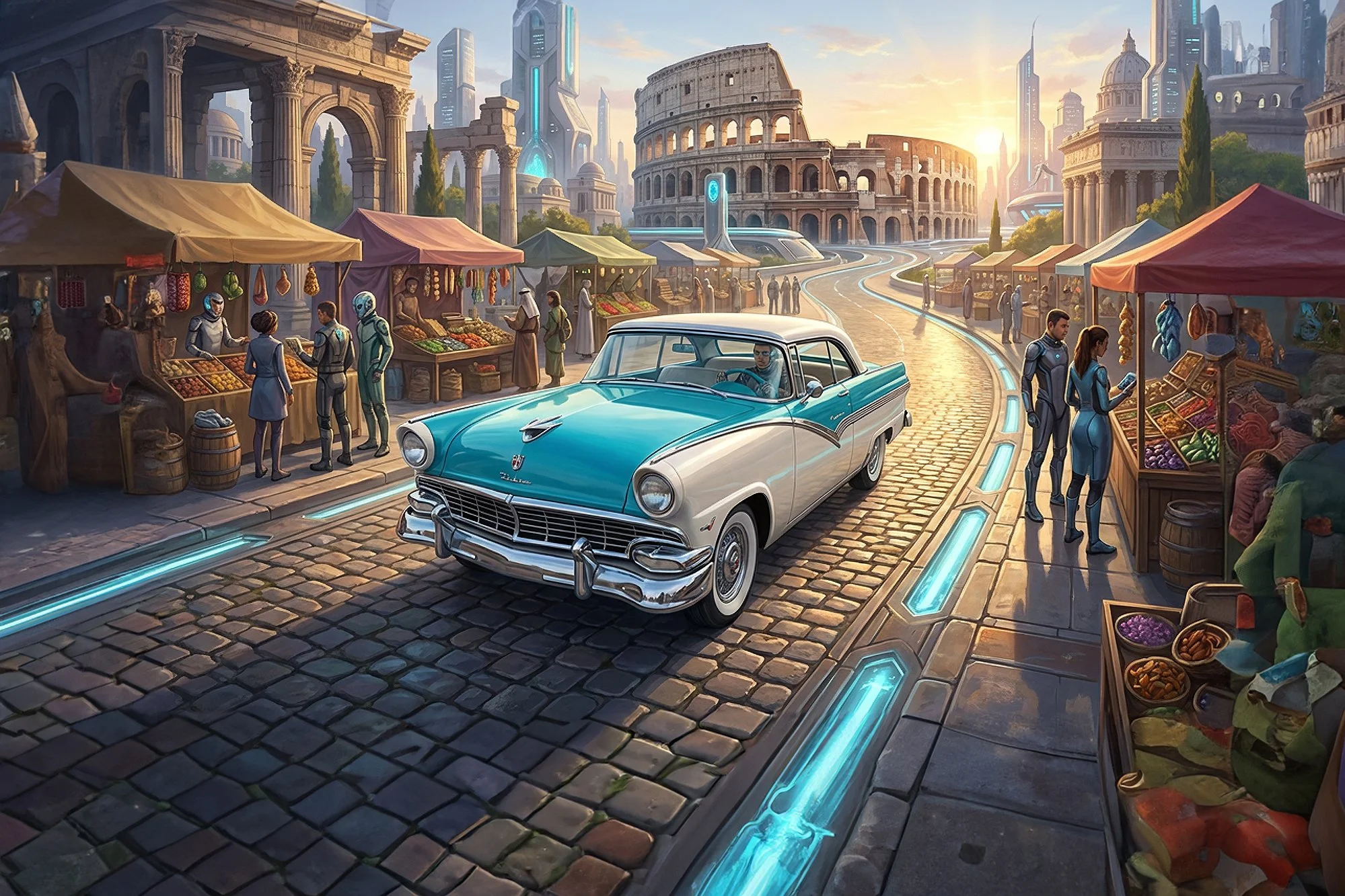 A futuristic cityscape blending ancient Roman architecture with modern technology. An old Roman colosseum and arches are situated alongside high-tech skyscrapers with glowing blue lights. An outdoor marketplace with colorful tents and vendors is in t