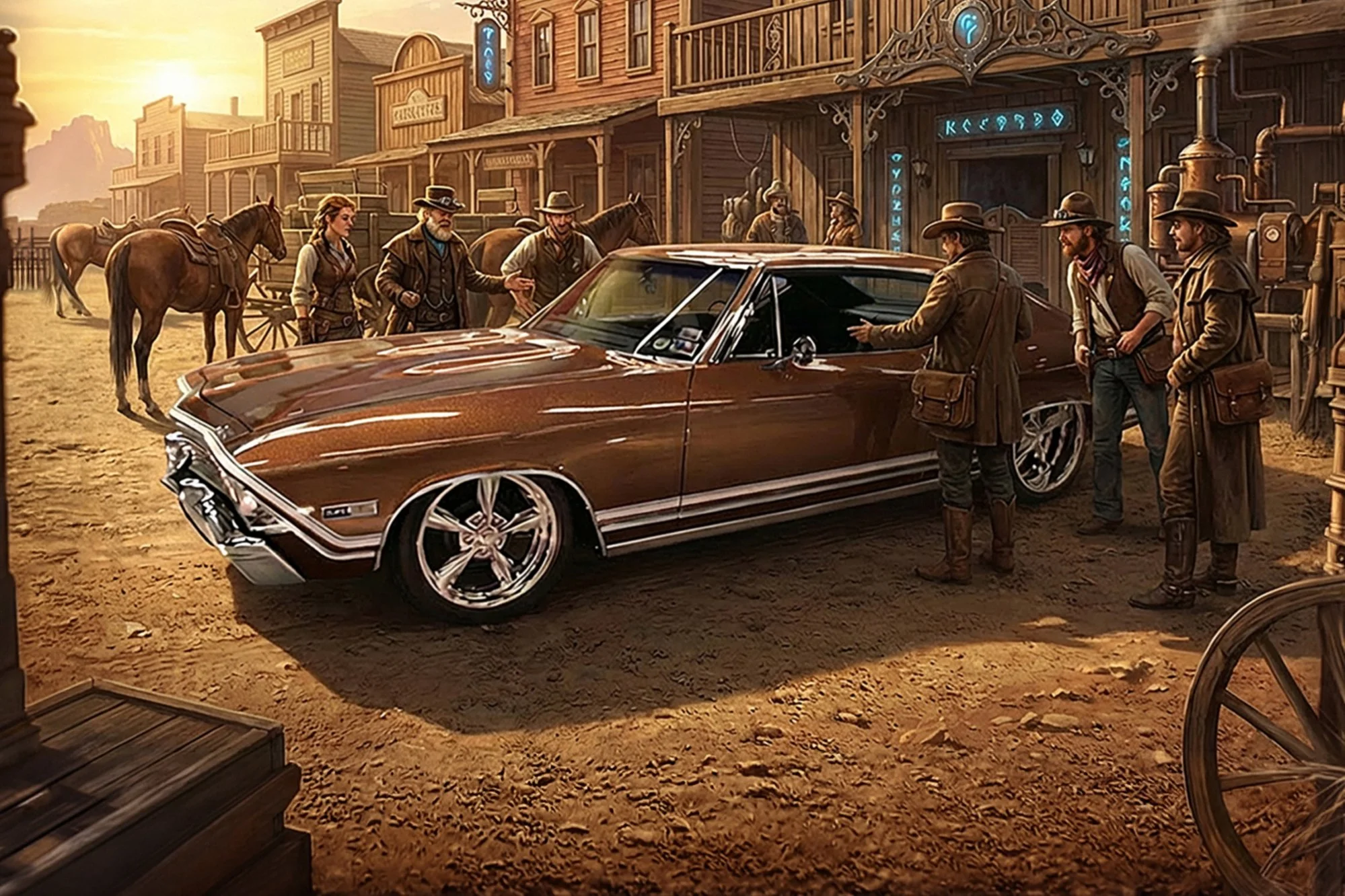 A scene from a Western town at sunset featuring a vintage red muscle car parked on dirt ground, surrounded by actors dressed in old Western attire, including cowboy hats and boots. Some actors are gathered around the car, engaged in conversation, wit