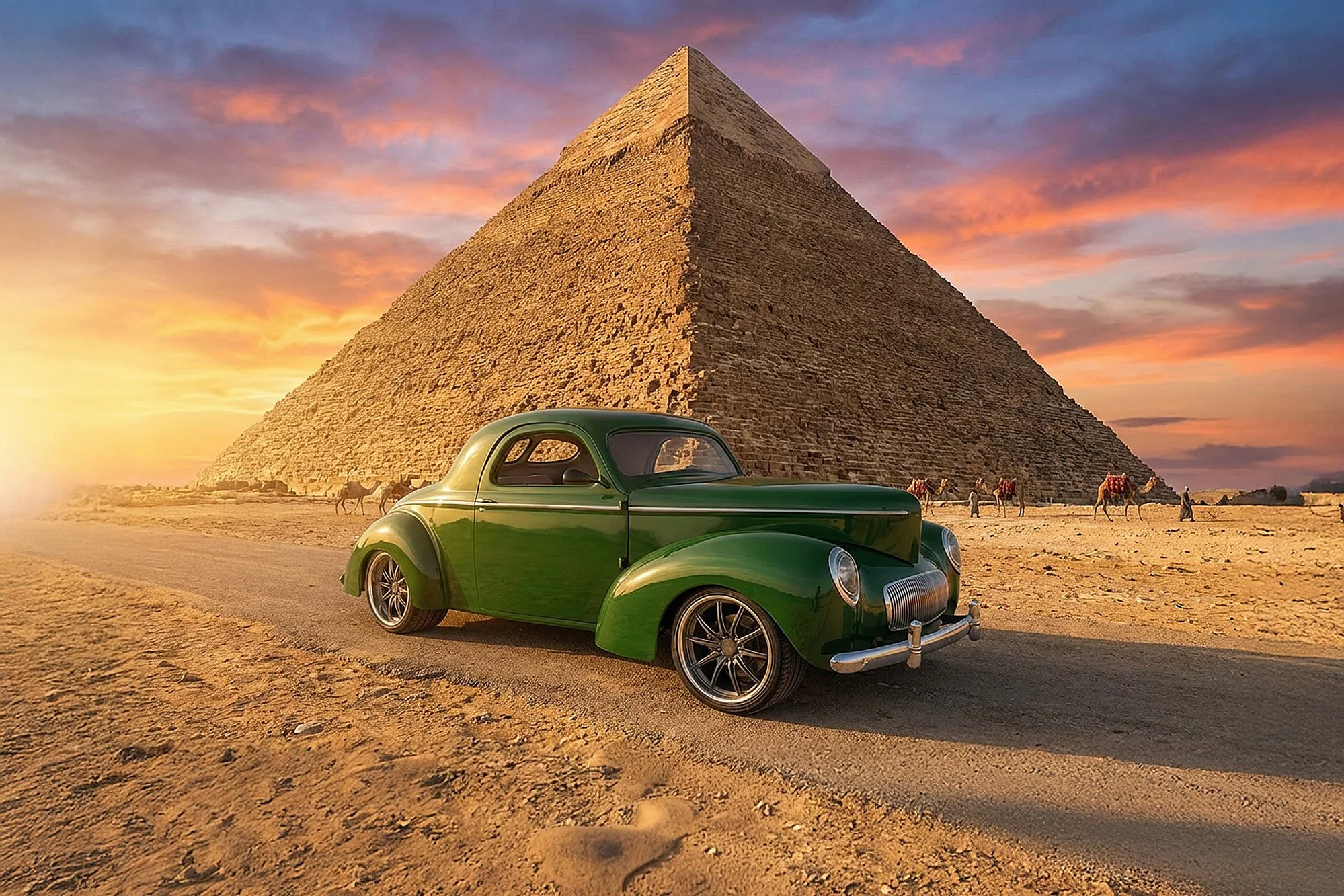 A vintage green car parked on desert sand in front of the Great Pyramid of Giza at sunset.