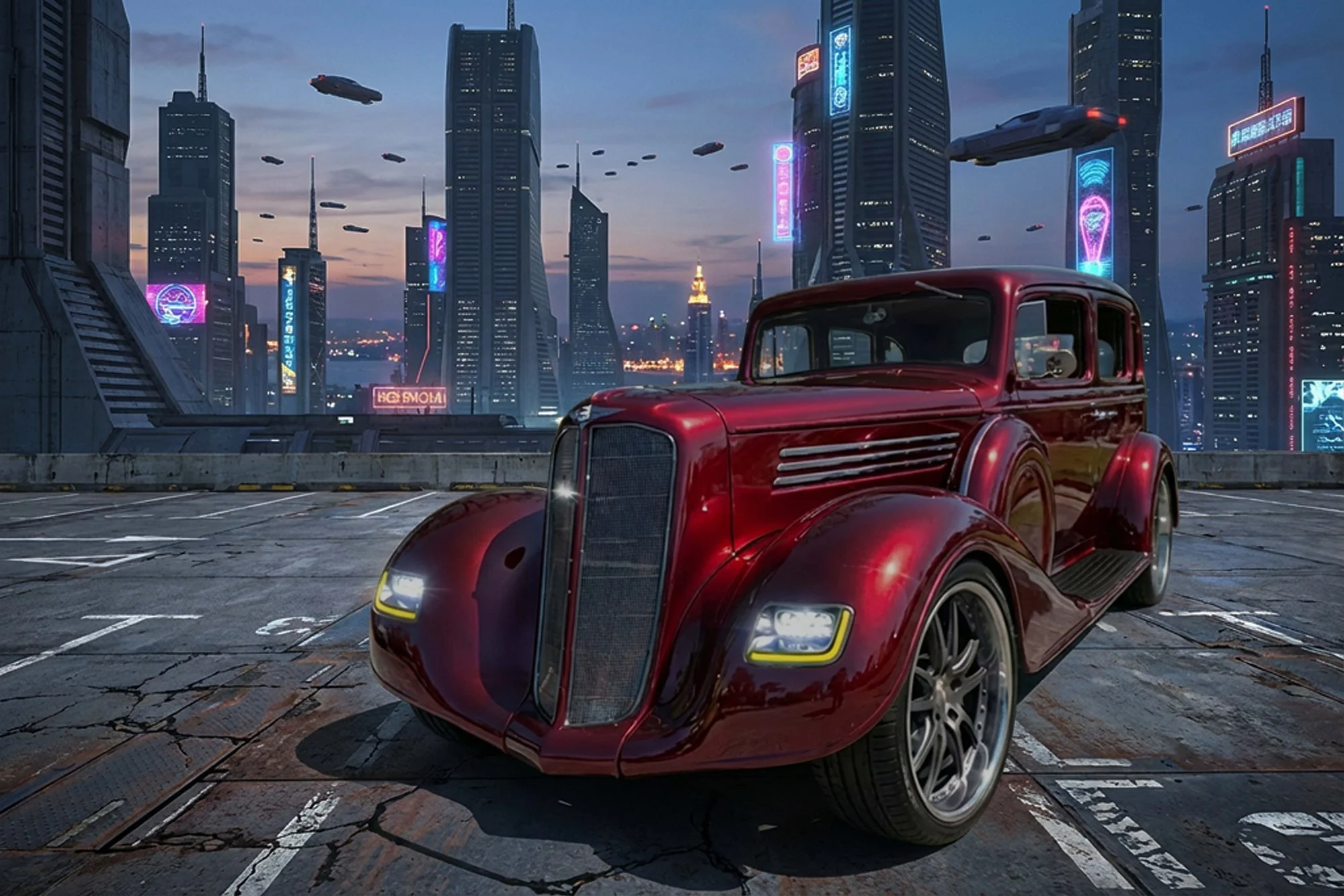 A red vintage car parked on a rooftop in a futuristic cityscape with tall skyscrapers and flying vehicles during dusk.