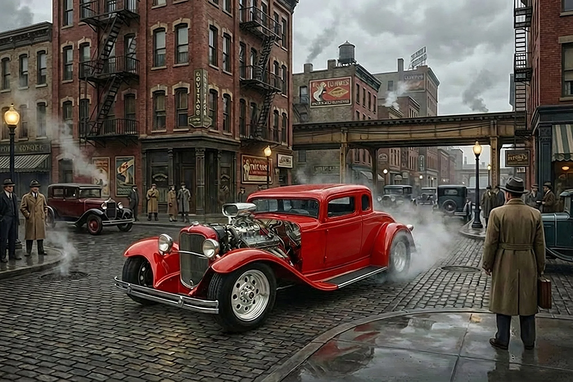Street scene with vintage cars, brick buildings, and pedestrians in period clothing, evoking a 1920s city atmosphere on a rainy day with puddles on the cobblestone street.