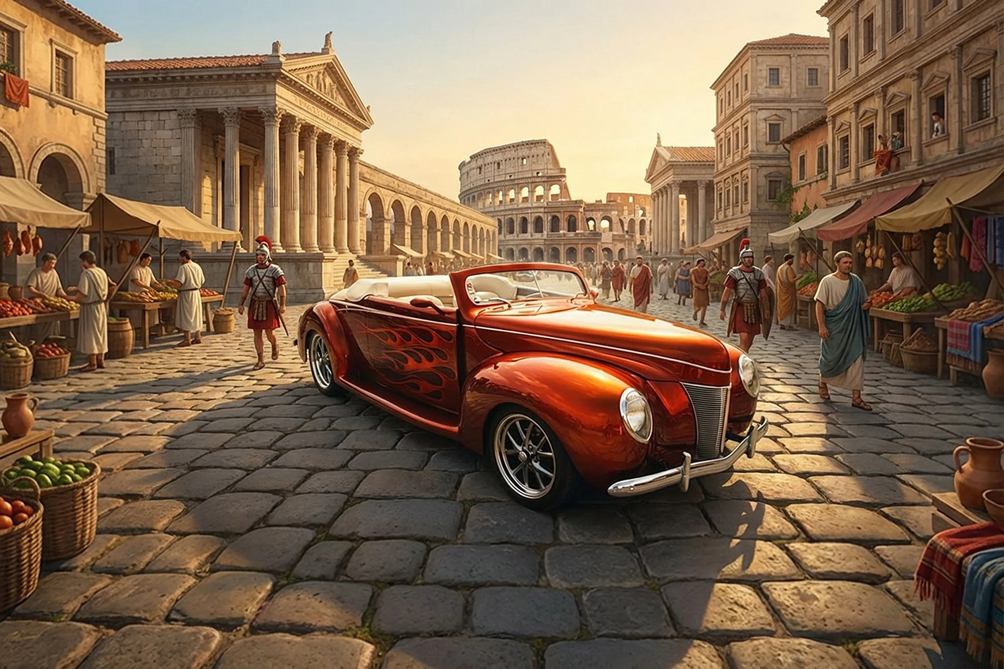 A classical Roman city scene with ancient architecture including the Colosseum, marketplace with vendors selling fruits and vegetables, and a vintage red convertible car parked in the cobblestone street.