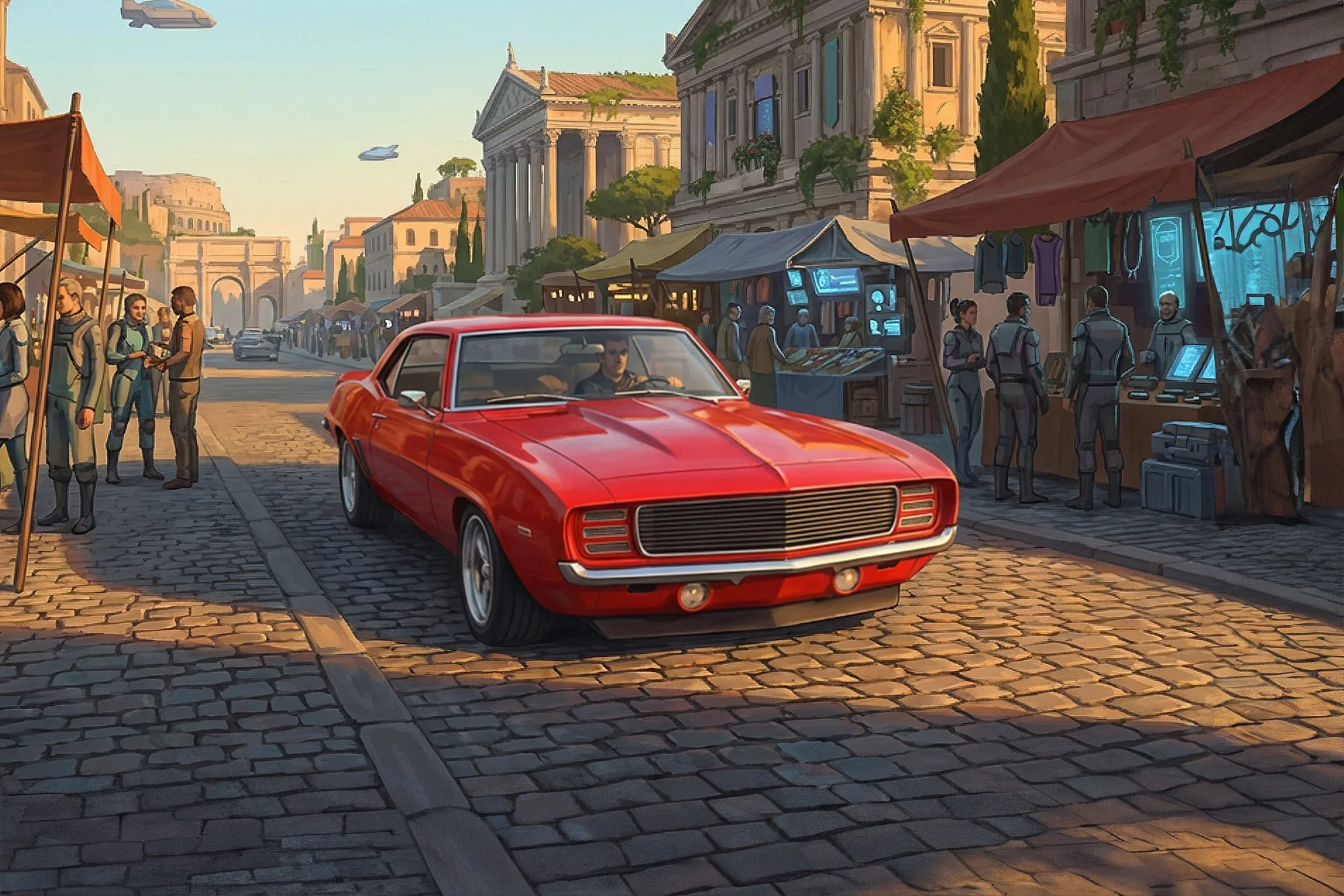 A futuristic city scene with historical architecture, featuring a red vintage car driving along a cobblestone street. Market stalls are set up with digital screens and clothing displays, and people are walking and talking. Flying vehicles are seen in