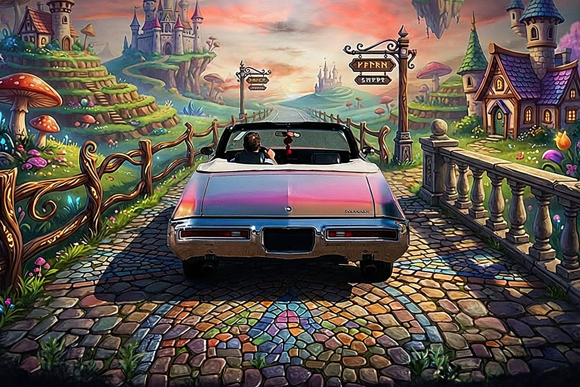 A colorful mural depicting a fantasy landscape with castles, rolling hills, and mushrooms, as seen from the back of a vintage convertible car with a driver inside.
