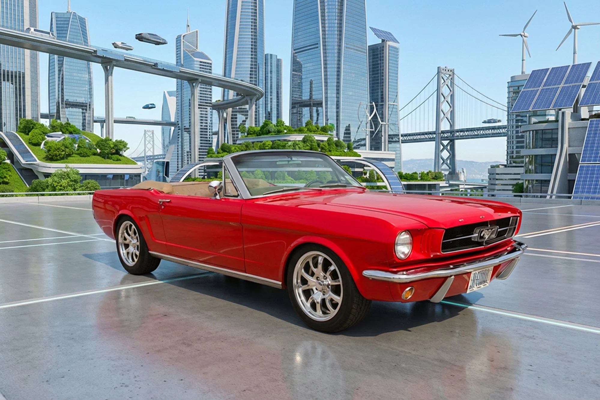 Red vintage convertible car parked in a modern city parking lot with futuristic skyscrapers, wind turbines, and solar panels in the background.