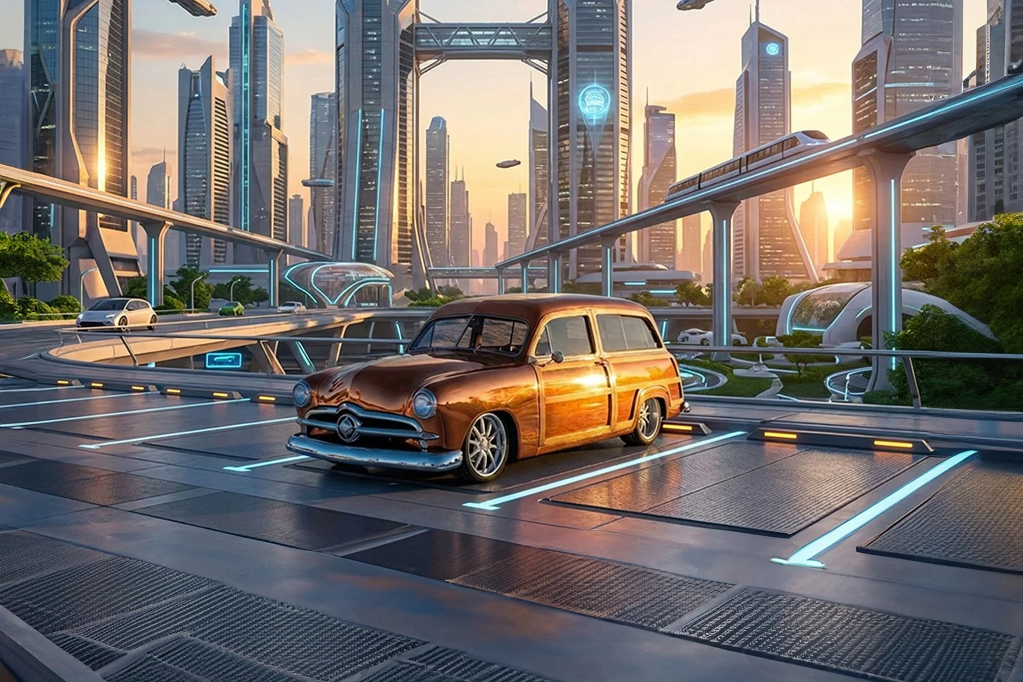A futuristic cityscape at sunset with tall skyscrapers, elevated railways, and flying vehicles. A vintage brown car is parked in a modern parking lot with glowing blue lines.