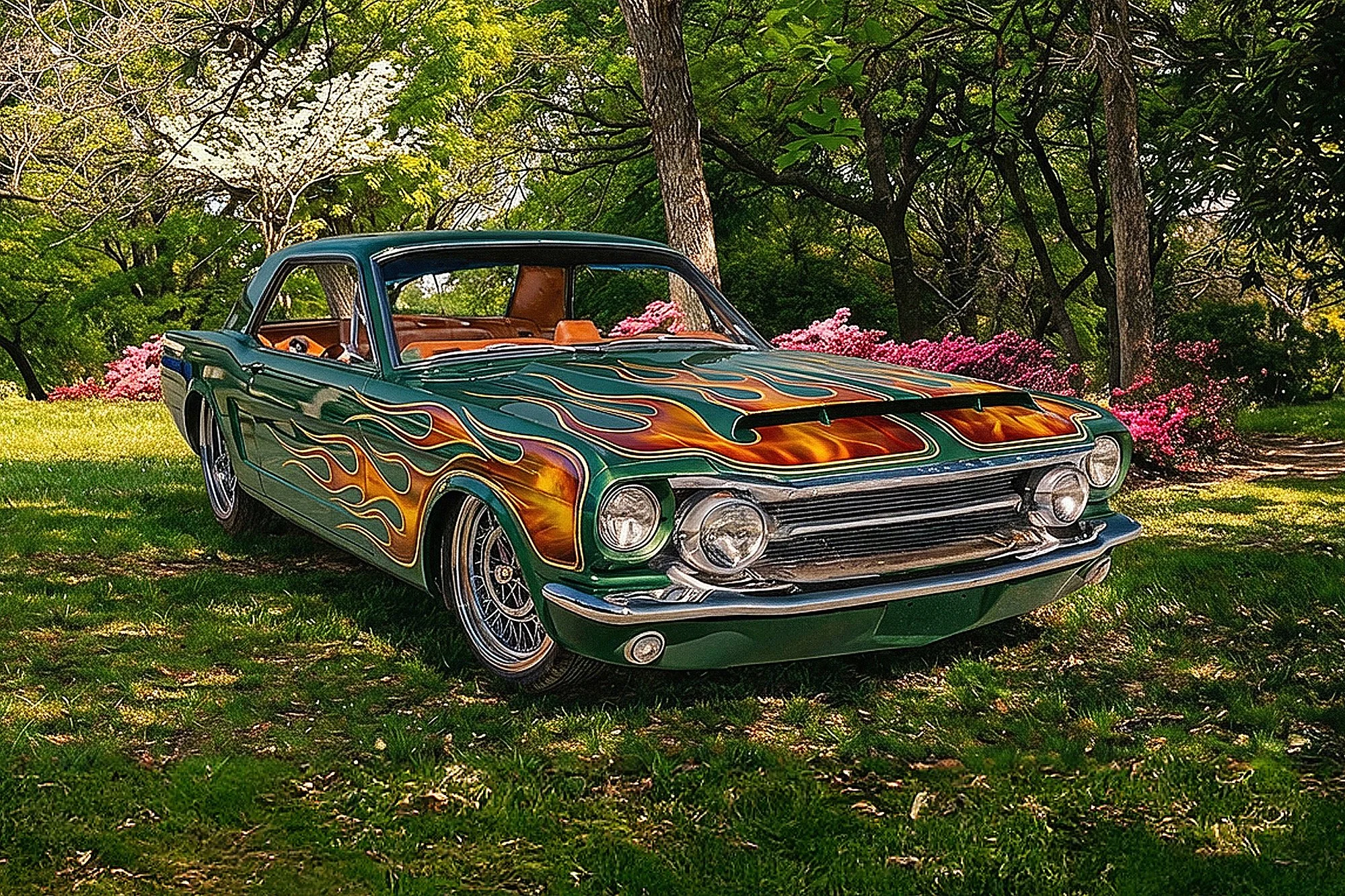 A vintage car with flame decals on its green body parked on a grassy area surrounded by trees and pink flowers.
