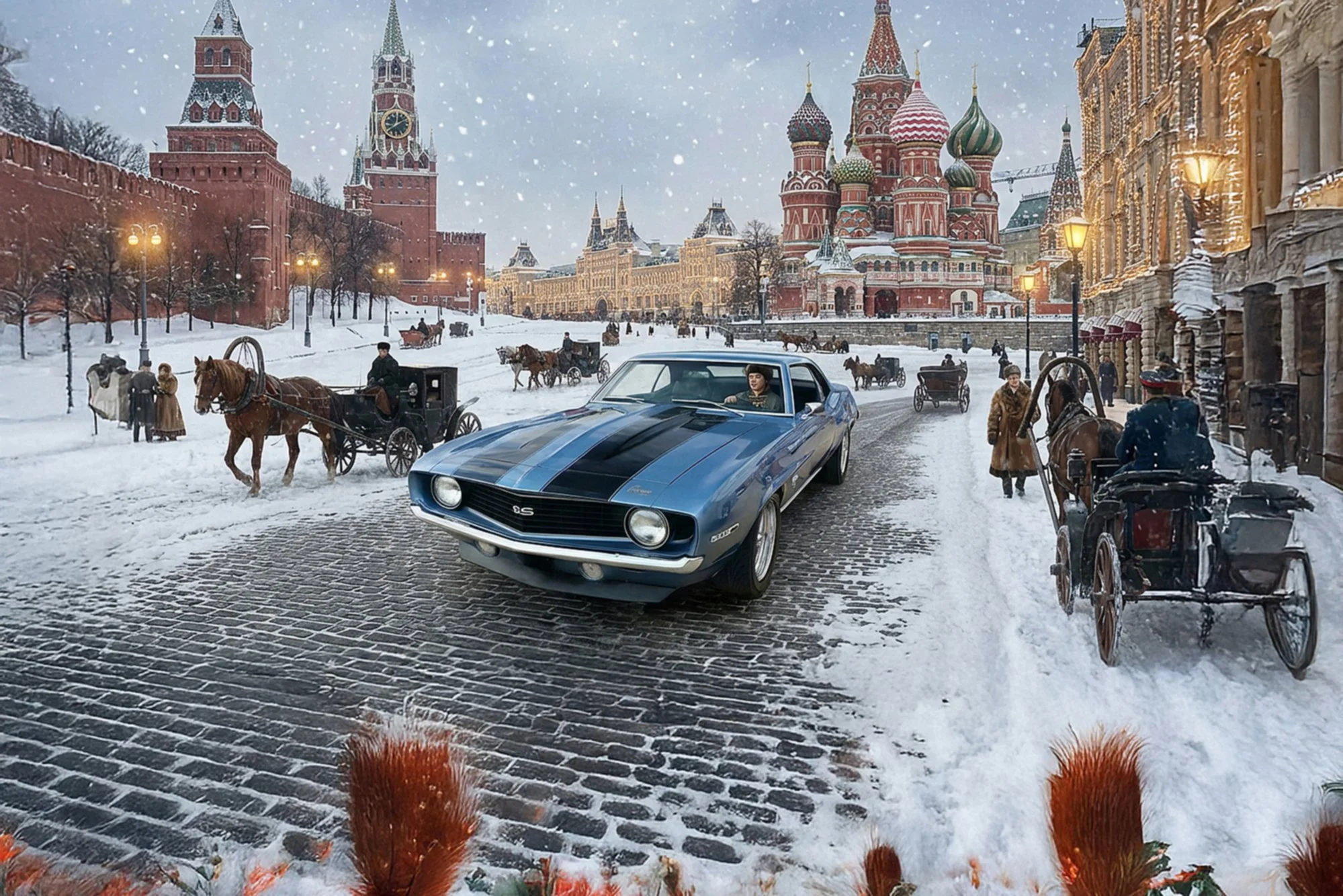 A snowy scene in Red Square in Moscow with historic buildings, horse-drawn carriages, and a vintage muscle car in the foreground.