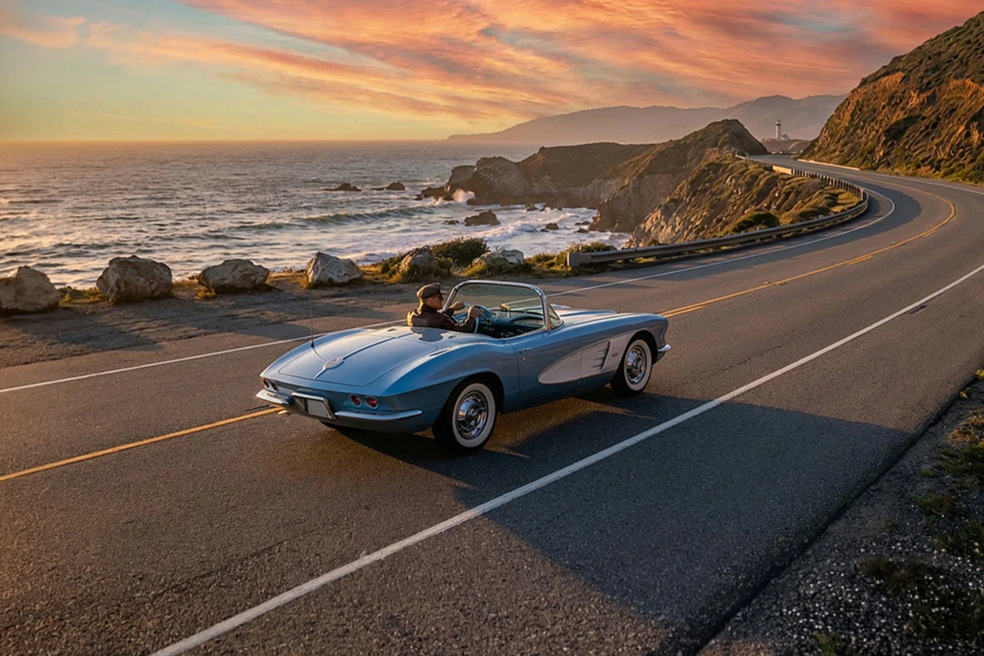 A person driving a vintage blue convertible car along a coastal highway at sunset, with ocean waves crashing against rocks and a lighthouse in the distance on the right.