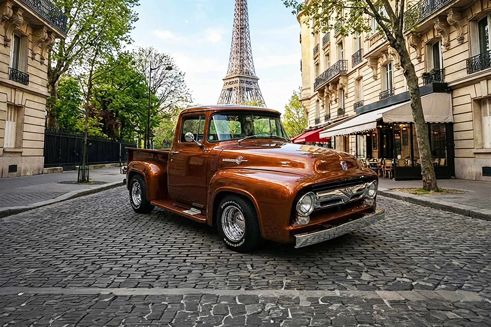 A vintage brown pickup truck parked on a cobblestone street in front of trees and classic European-style buildings with balconies and an awning. The Eiffel Tower is visible in the background.