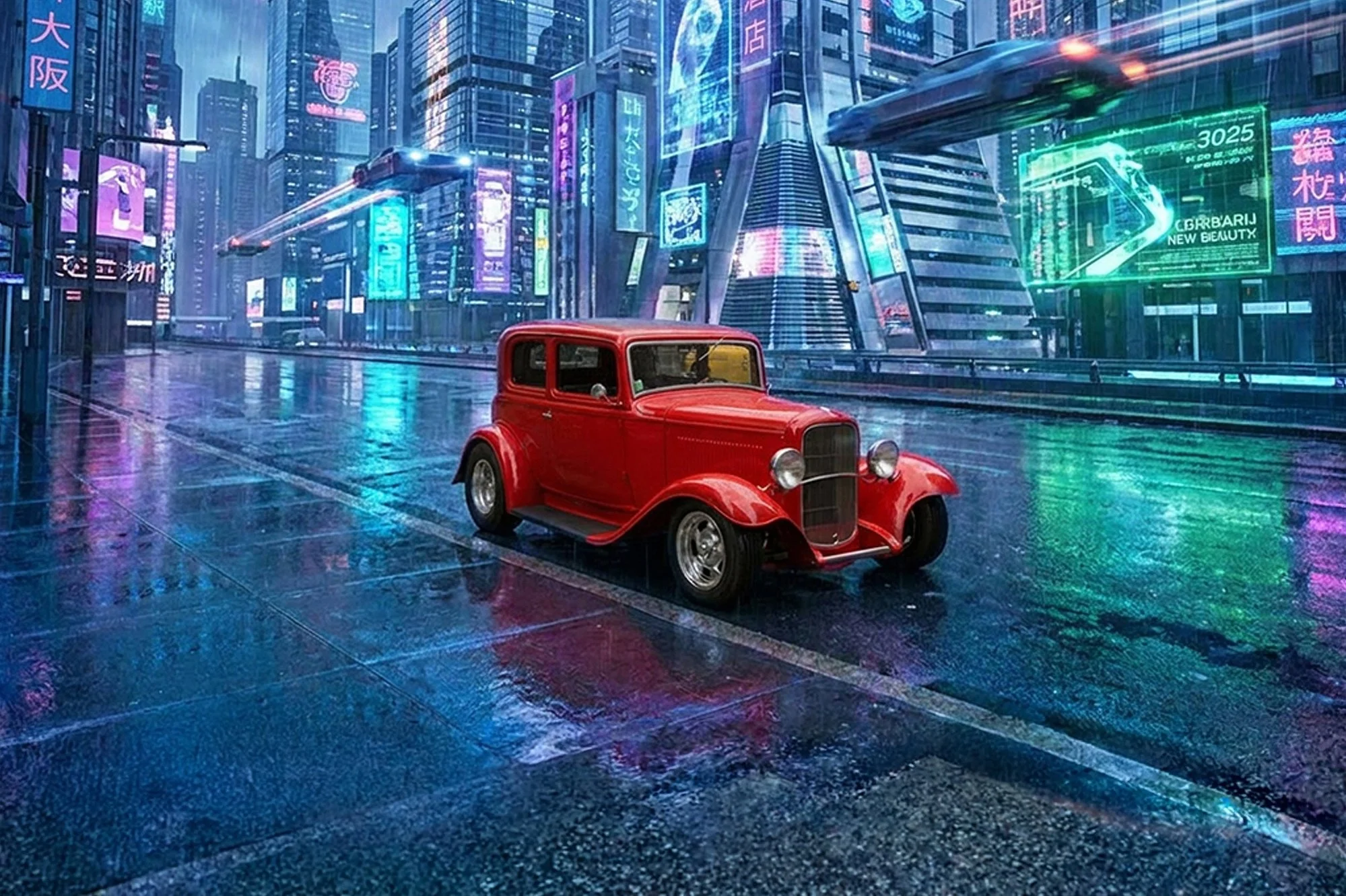 A red vintage car parked on a wet city street at night, with neon signs and skyscrapers in the background, illuminated and reflected on the wet pavement.