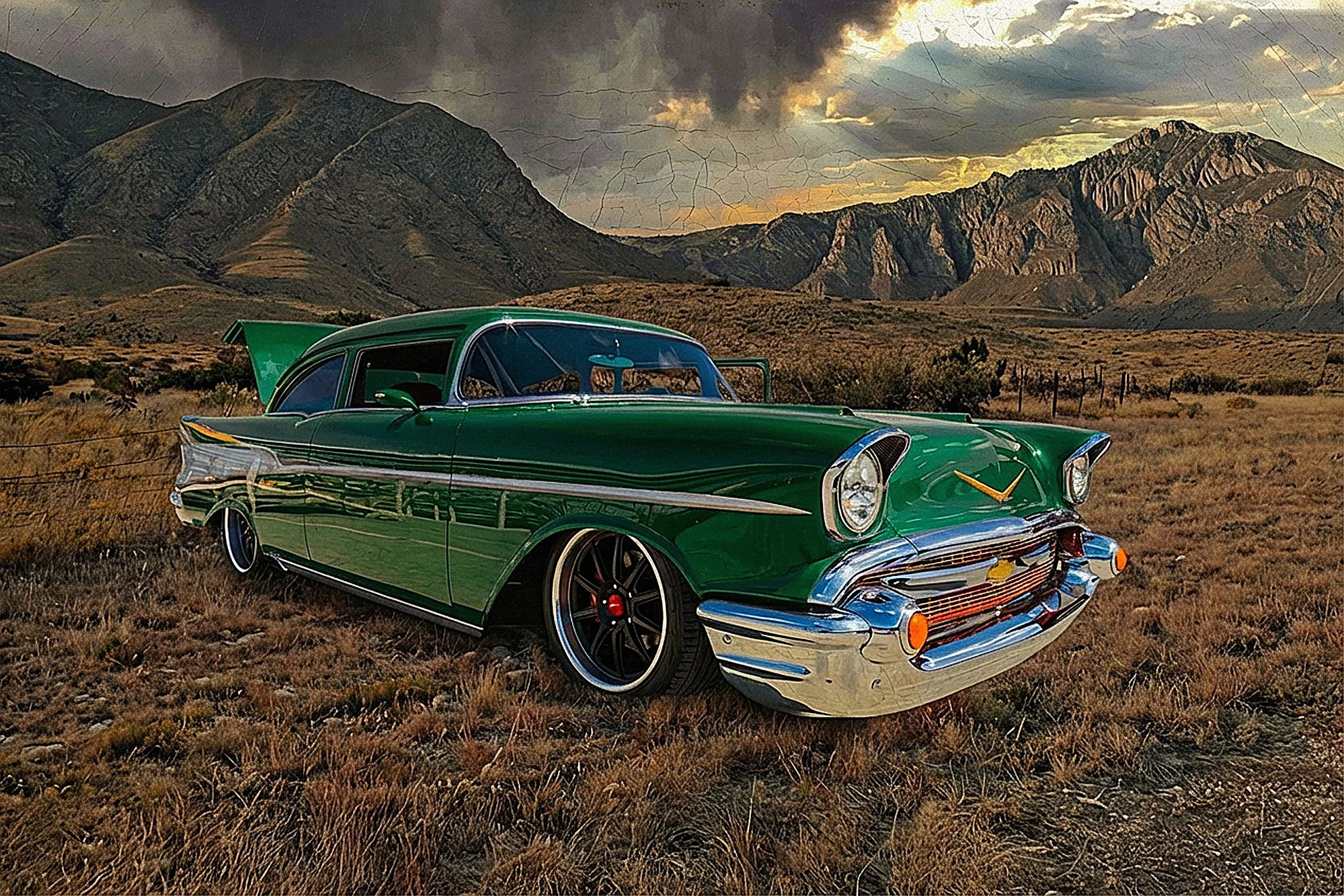 A vintage green 1950s Chevrolet car with a chrome grille, parked in a field of dry grass, with rugged mountains and an overcast sky with dark clouds and a smoky explosion in the background.