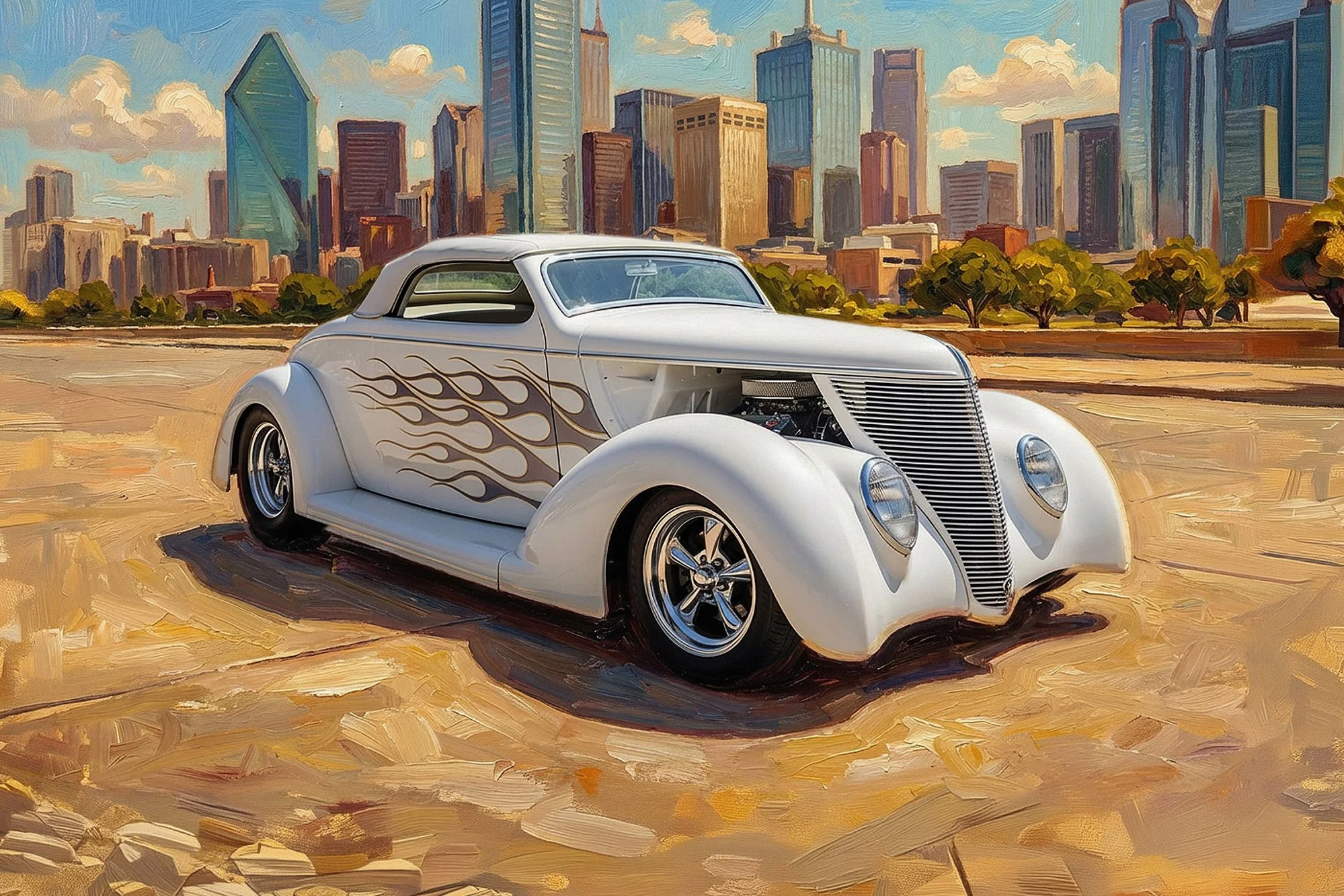 A vintage white car with flame decals on the side parked on an open lot with a city skyline in the background. The city features tall skyscrapers and a partly cloudy sky.