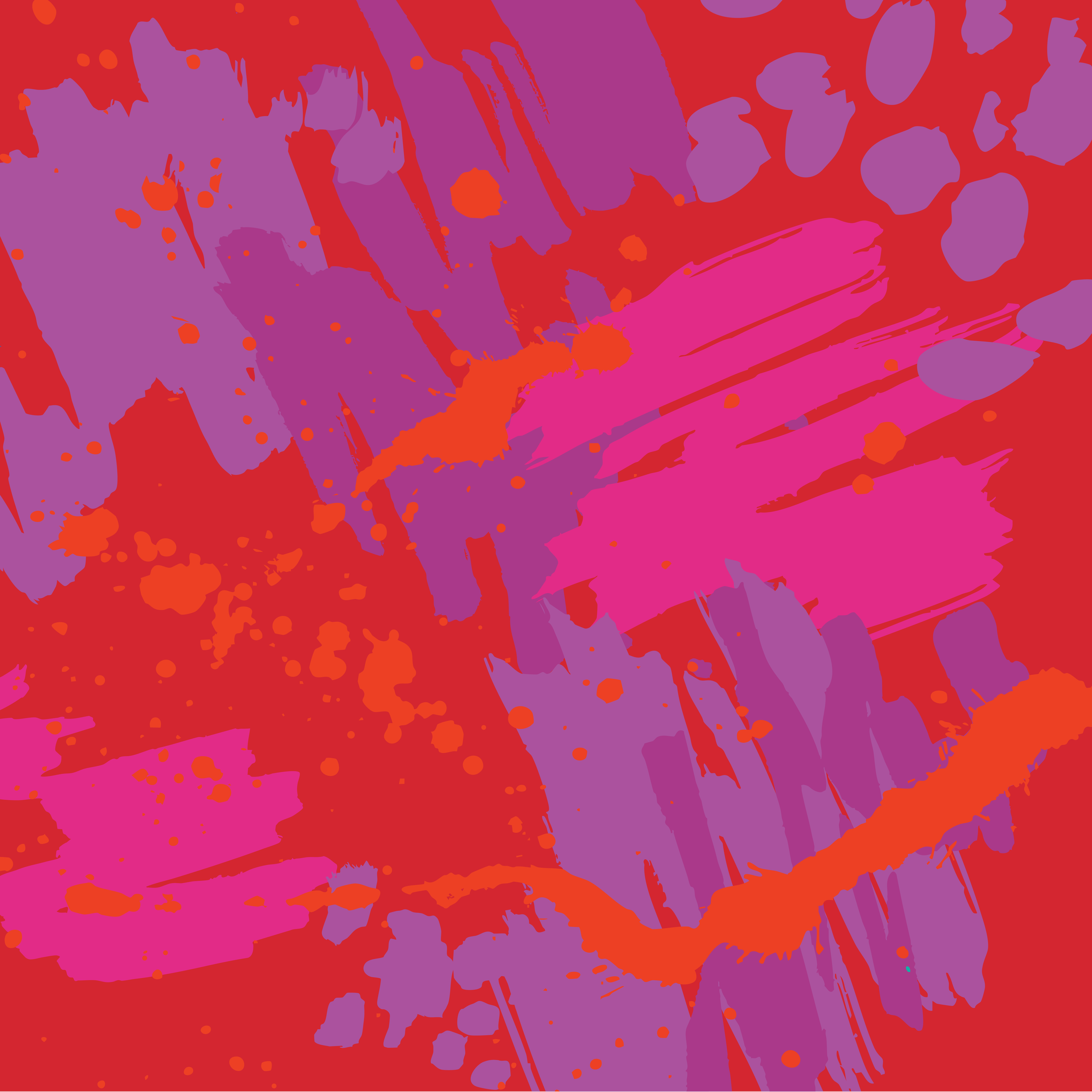 An abstract digital painting with bold splashes of purple, pink, and red paint, featuring paint splatters and broad brush strokes.