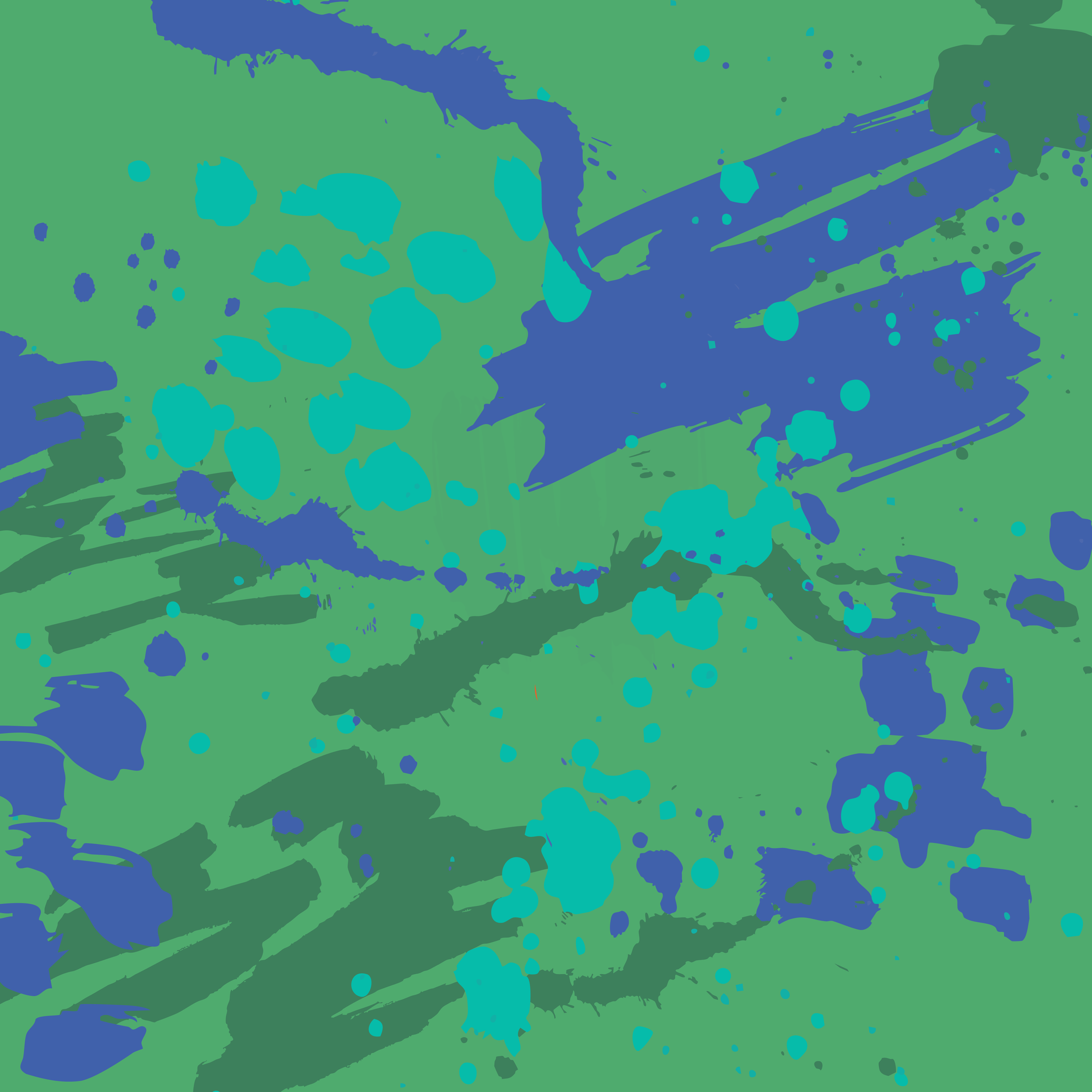 Abstract artwork with blue and green paint splatters and streaks.