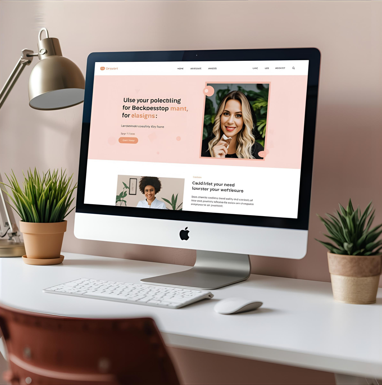 Ein iMac-Computer auf einem weißen Schreibtisch, umgeben von zwei Topfpflanzen und einem weißen Sucher, gezeigt in einem modernen, aufgeräumten Arbeitszimmer.