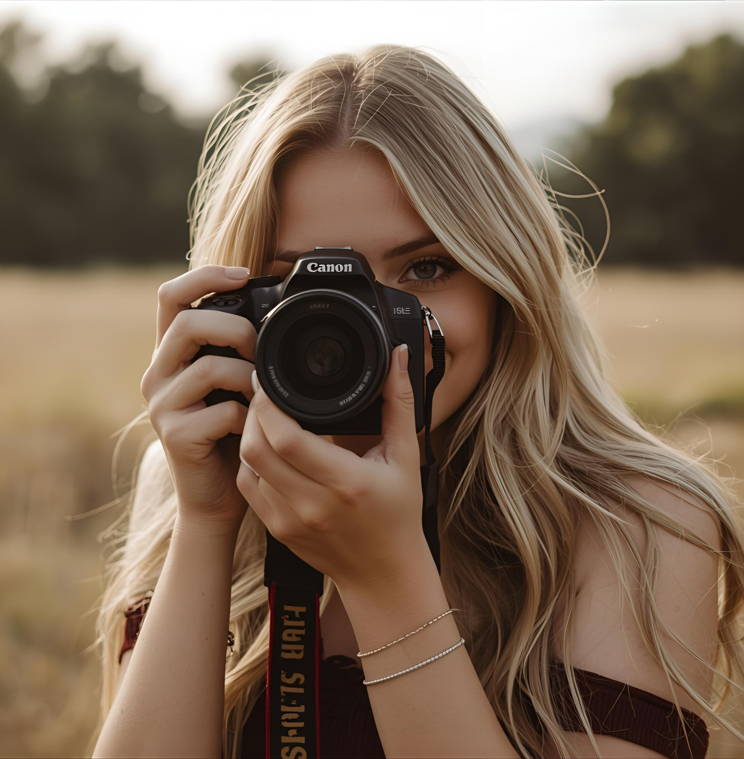 Junge Frau mit langem blondem Haar hält eine Kamera vor ihr Gesicht in einer Feldlandschaft, bei Sonnenuntergang.