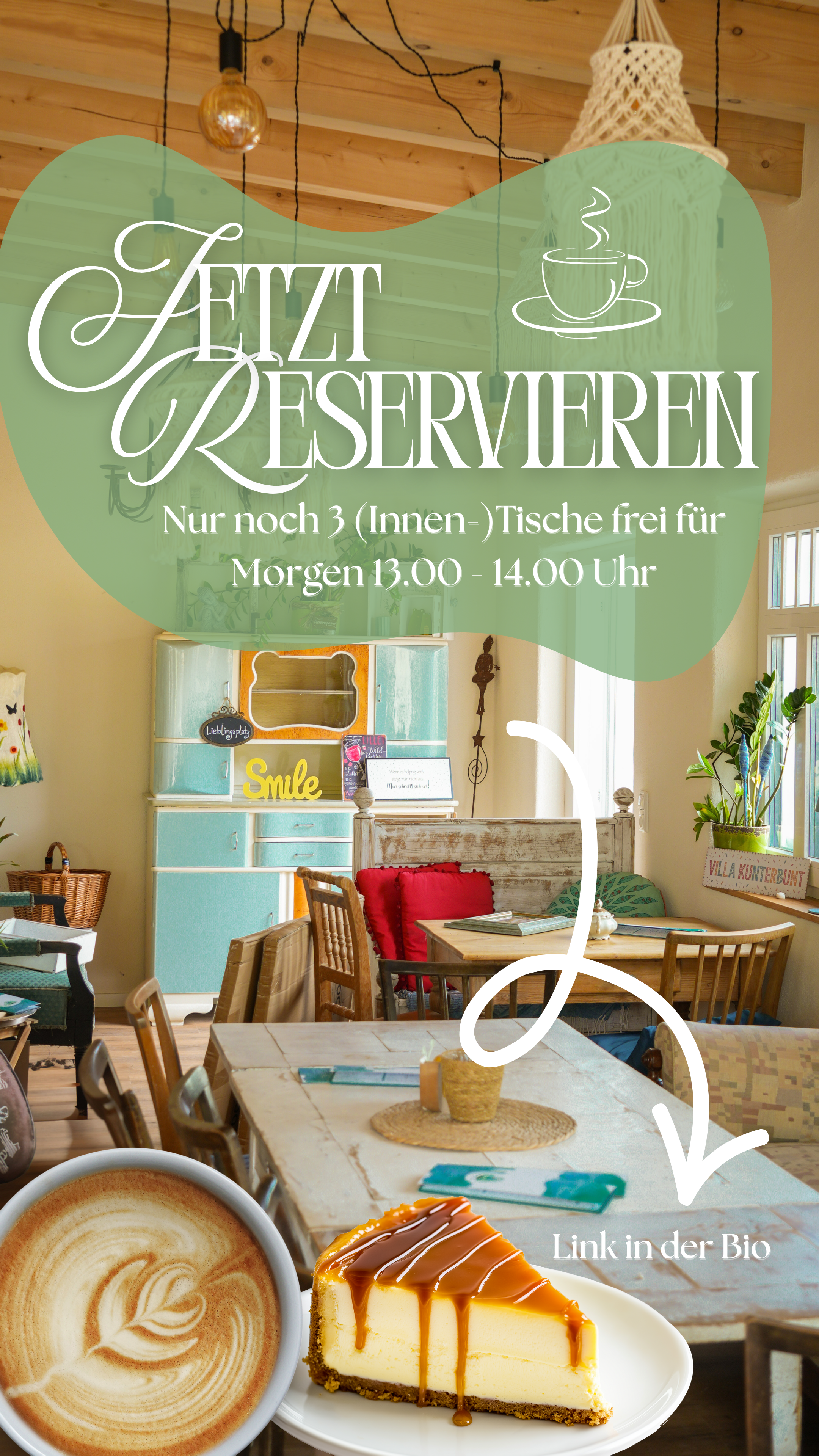 Einladungsplakat für einen Reservierungsservice im Café, zeigt eine Kaffee-Tasse, Käsekuchen, einen rustikalen Innenraum mit Holzmöbeln, Pflanzen und Dekoration im Vintage-Stil.
