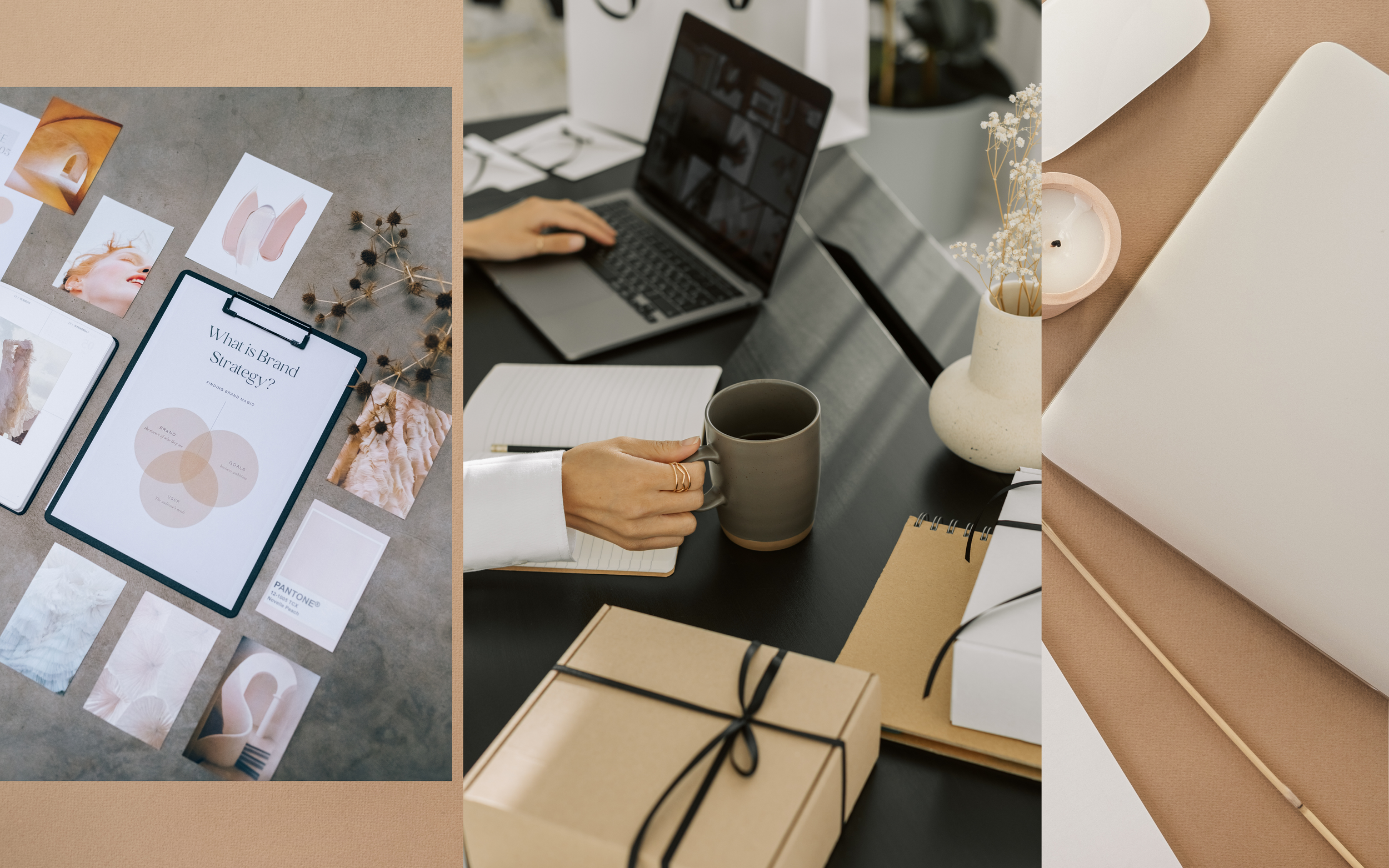 Collage aus drei Fotos: links ein Layout mit verschiedenen Fotos und Grafiken für eine Markenstrategie, Mitte eine Person, die an einem Tisch arbeitet, einen Kaffeebecher hält und vor einem Laptop und Notizbüchern sitzt, rechts ein Tisch mit einer weißen Note- oder Skizzenbuch, einer Kerze, Deko und einem Geschenk.