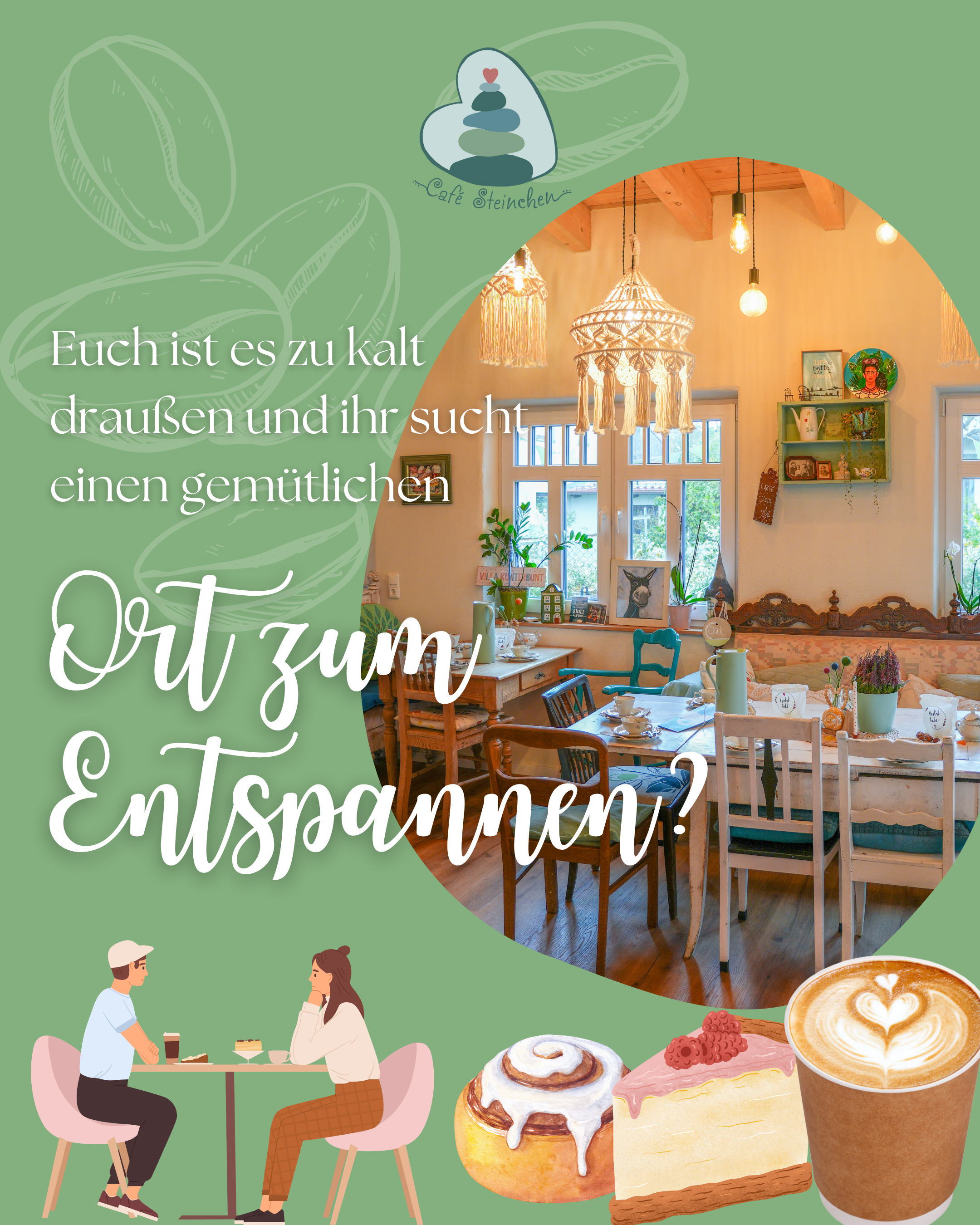 Einladungsbild für ein gemütliches Treffen in einem Café, mit einem Innenraum mit Deckenlampen, Tischen, Stühlen und dekorativen Elementen sowie Bildern an der Wand. Enthält eine Illustration von Kaffee, Kuchen, und einem Getränk, und einen Text, der auf Deutsch fragt, ob man sich zum Entspannen trifft, bei kaltem Wetter draußen.