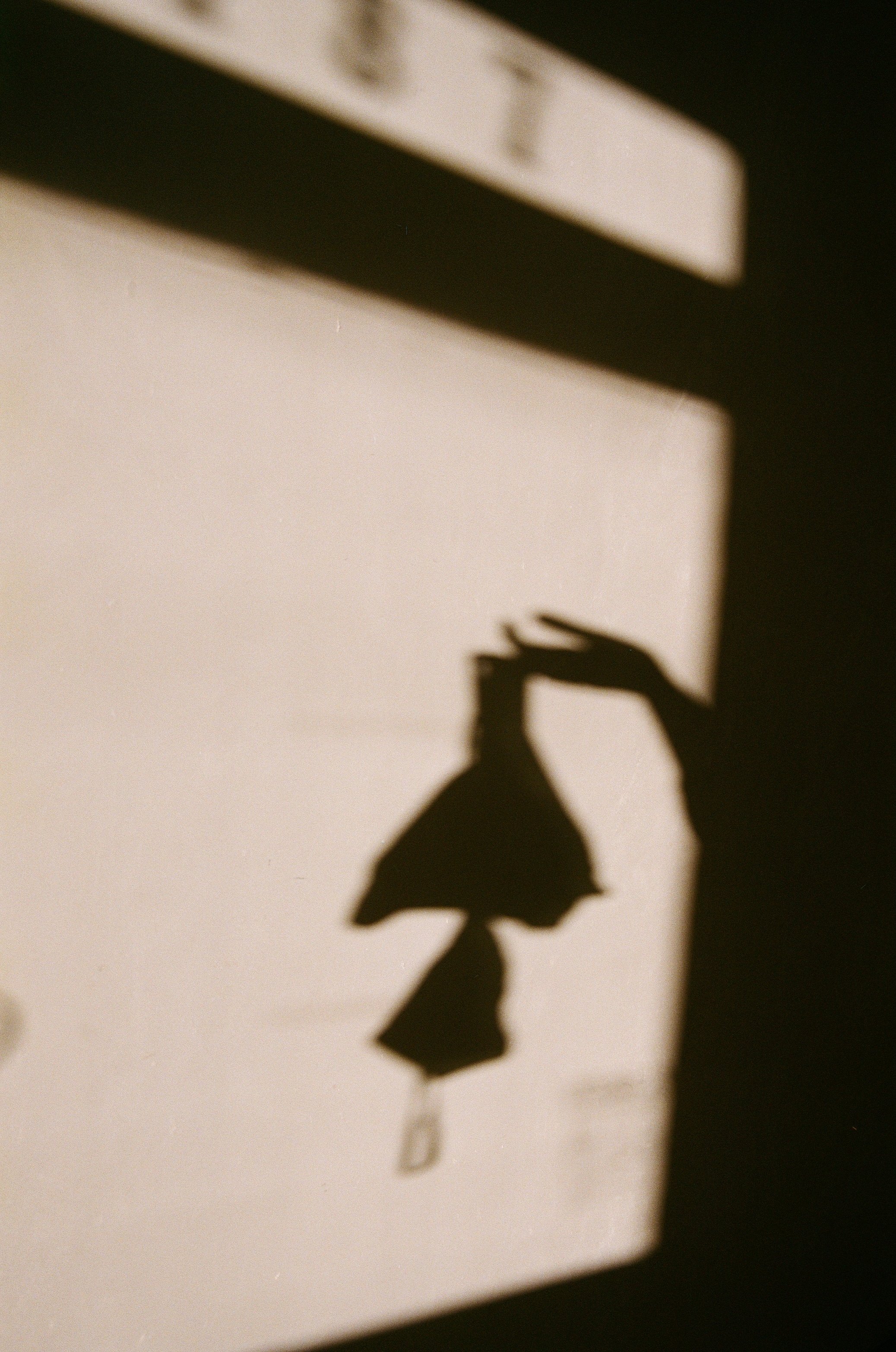 The shadow of a woman holding a handbag cast on a white wall.