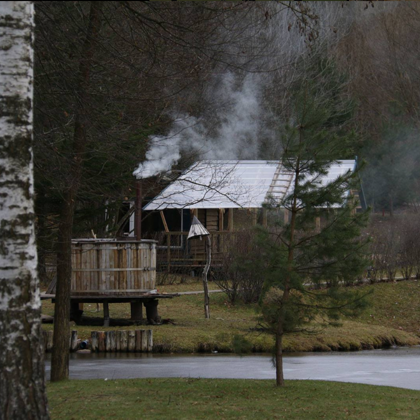 A rustic outdoor scene with a small house or shed emitting white smoke, surrounded by trees and a body of water in the foreground.