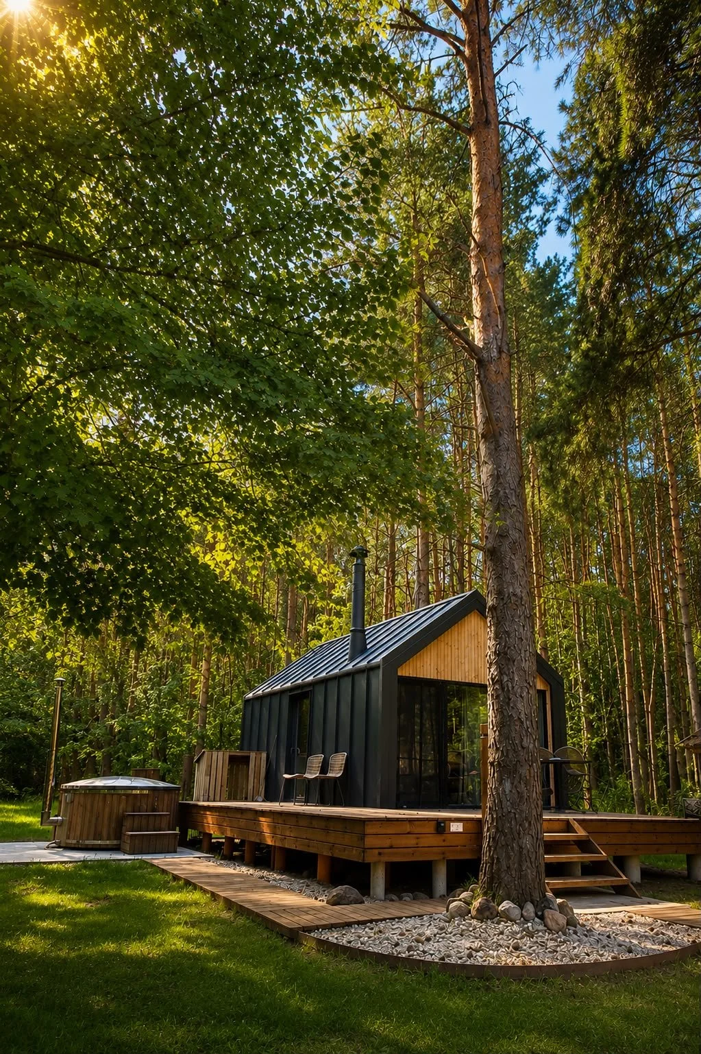 A small, modern black cabin with a gabled roof, built among tall trees in a wooded setting. The cabin has large windows, a deck with chairs, a hot tub, and stone landscaping around a large tree.