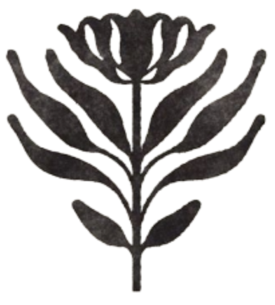 A black and white illustration of a stylized flower with multiple elongated petals and leaves.
