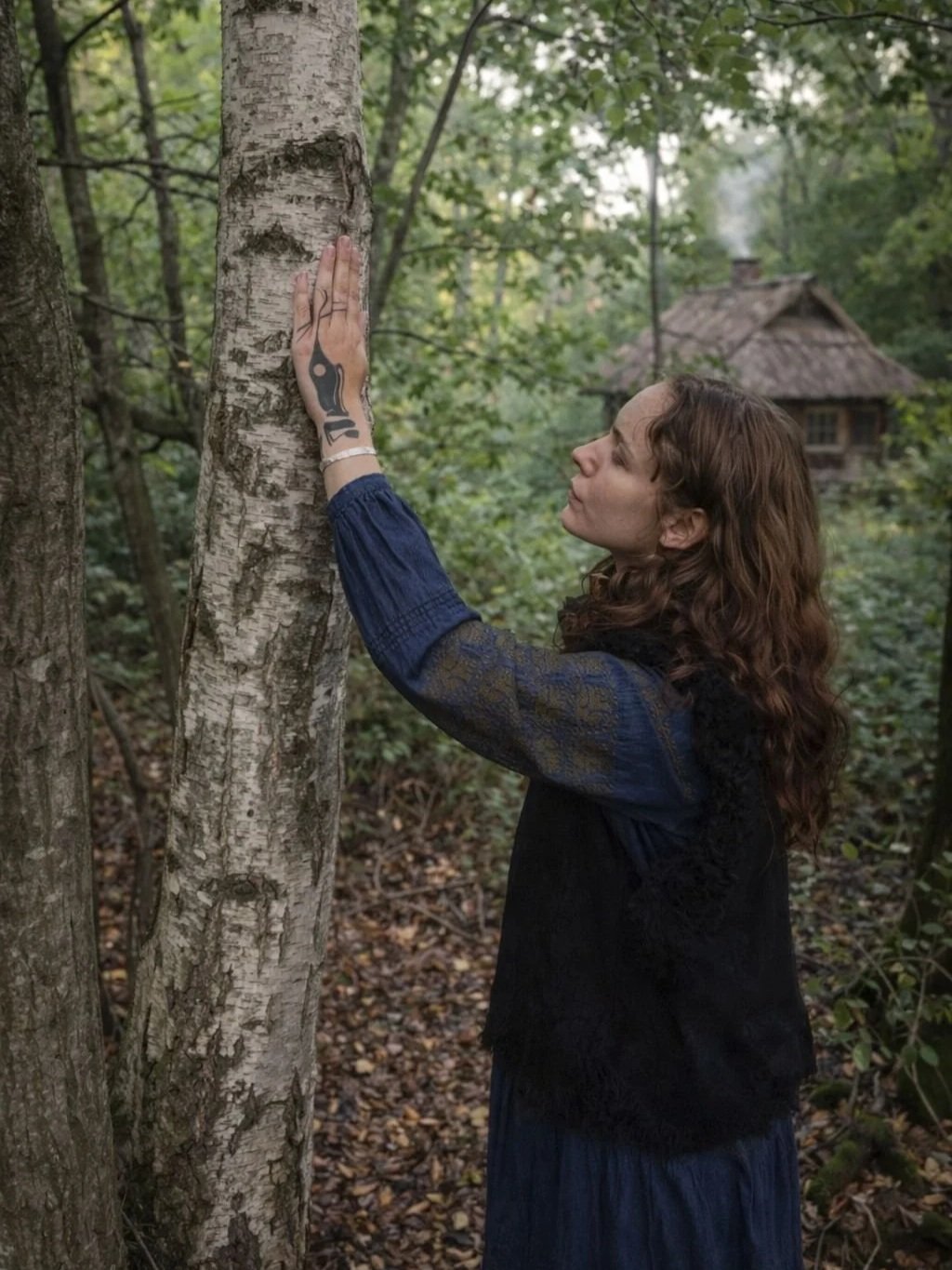 Silvija Šuliokaitė connecting with a tree in forest — Lithuanian pirtis sauna keeper and wisdom keeper rooted in Baltic tree tradition