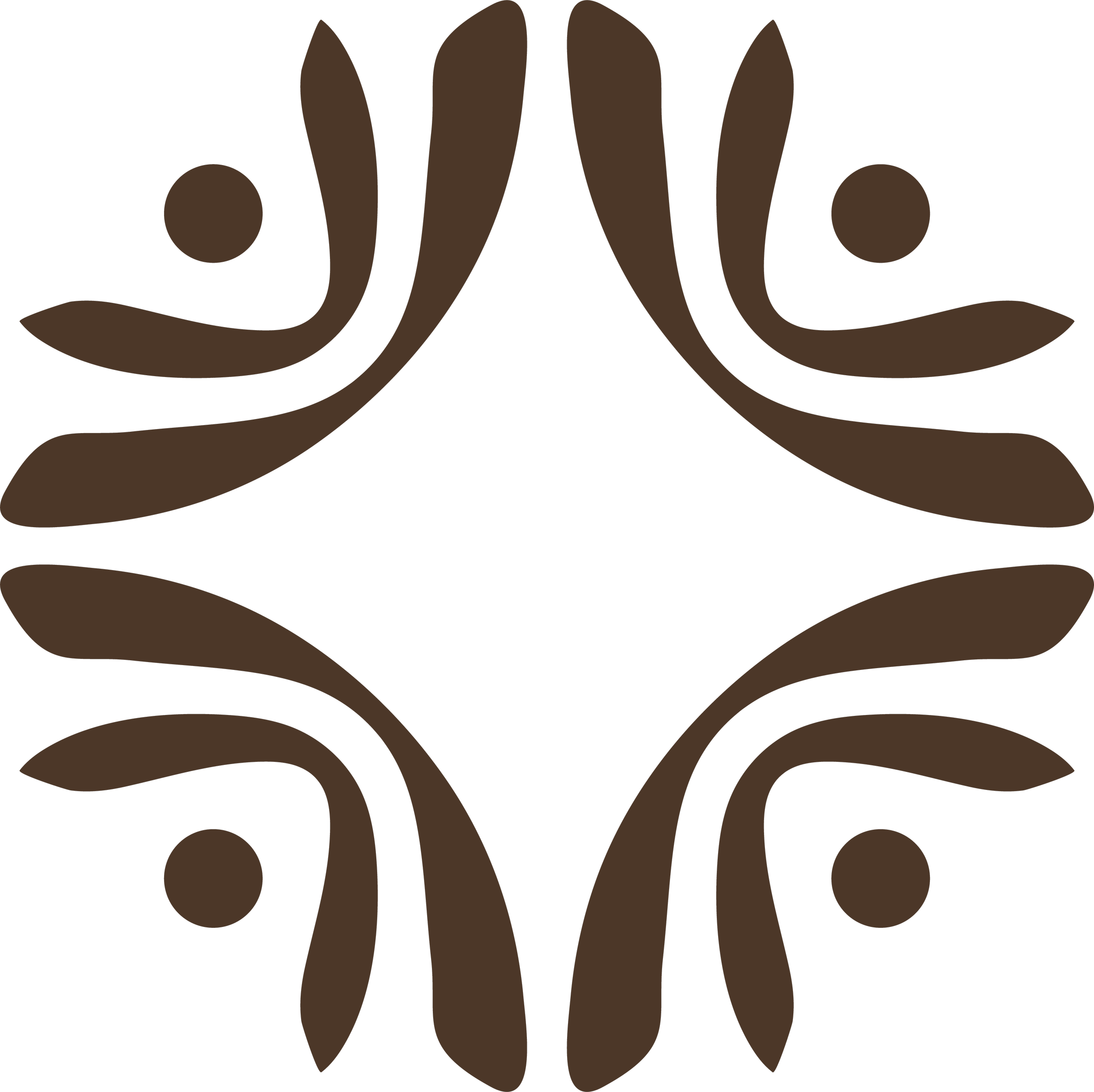 symmetrical brown floral pattern with four curved leaves and four small circles on a black background
