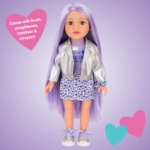 18 inch DesignAfriend doll with purple extra long hair, wearing a silver jacket, purple leopard print skirt and silver shoes. Displayed on a purple background with playful hearts.