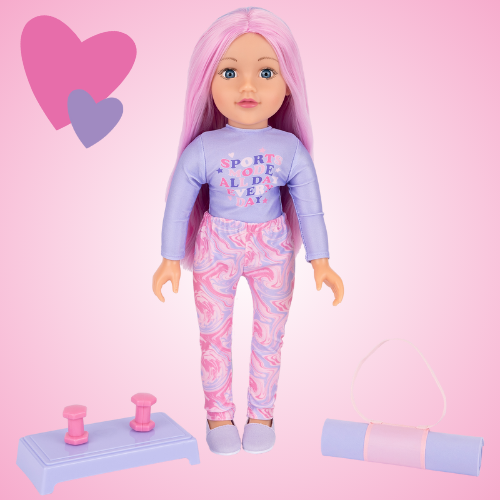 18 inch DesignAfriend doll with pink hair, wearing a pink and purple sports outfits, with doll yoga mat and plastic purple step and pink dumbbell weights. Displayed on a pink background with playful hearts.
