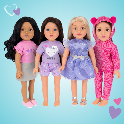 Four 18 inch DesignAfriend dolls wearing stylish outfits. Displayed on a turquoise background.