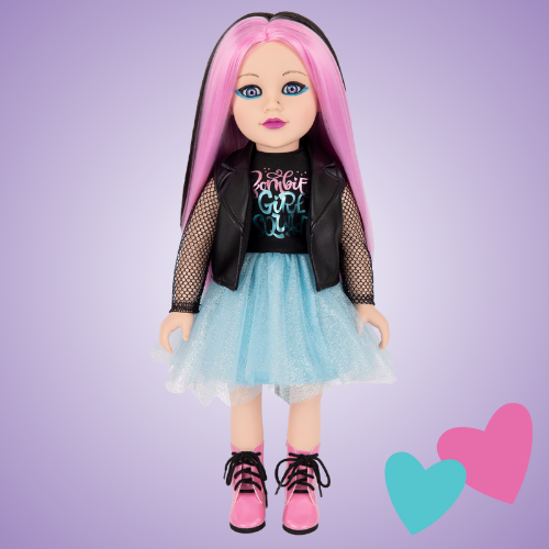 18 inch DesignAfriend doll with pink and black hair, a nose piercing and eye makeup. She wears a black jacket with fishnet sleeves, turquoise skirt and pink lace up boots. Displayed on a purple background with playful hearts.