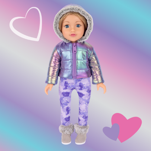 18 inch DesignAfriend doll wearing a purple coat, purple leggings and fluffy boots. Displayed on a rainbow background with playful hearts.