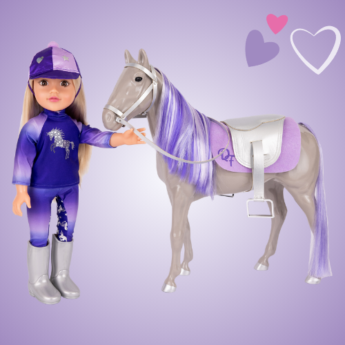 DesignaFriend doll with blonde hair wearing a purple riding outfit and hat, holding the reins of her silver horse, with purple mane, silver reins and saddle. Displayed on a purple background.