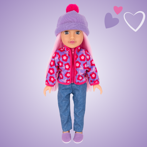 A 14 inch DesignAfriend doll with pink hair, wearing blue jeans, purple shoes, a fun flower print jacket and a purple hat with pink pom pom, displayed on a purple background with playful hearts.