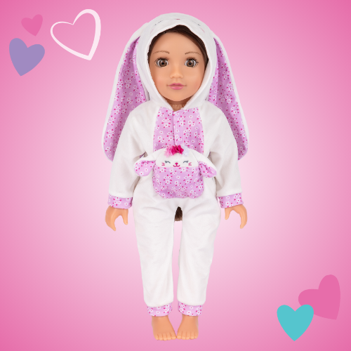 18 inch DesignAfriend doll wearing a white bunny all in one with floral pocket and trims. Displayed on a pink background with playful hearts.