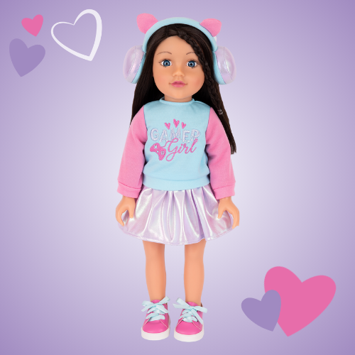18 inch DesignAfriend doll with brunette hair wearing cat ear headphones, a gamer girl sweatshirt, silver skirt and pink trainers. Displayed on a purple background with playful hearts.