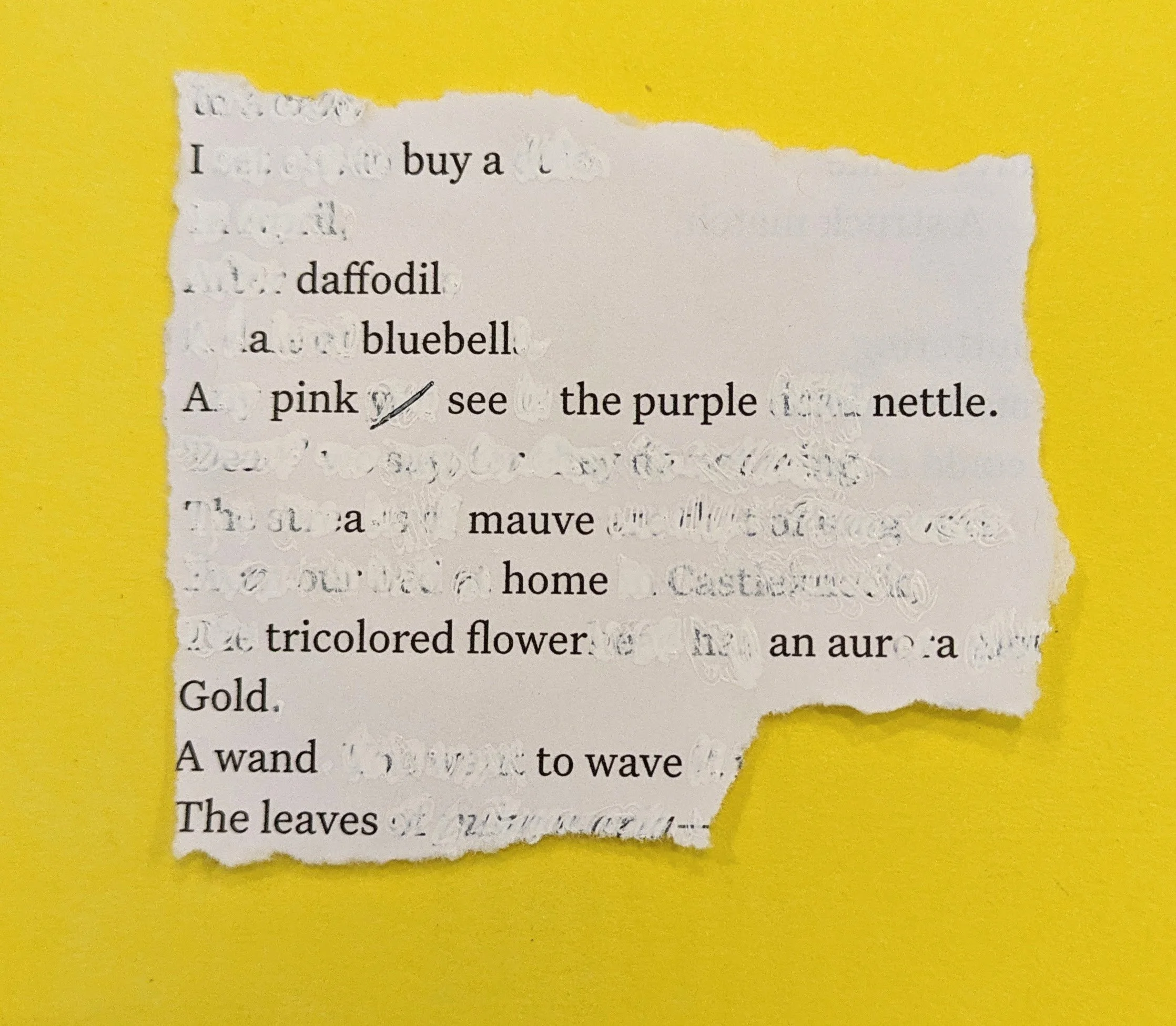 A torn piece of paper with typewritten text on a yellow background.