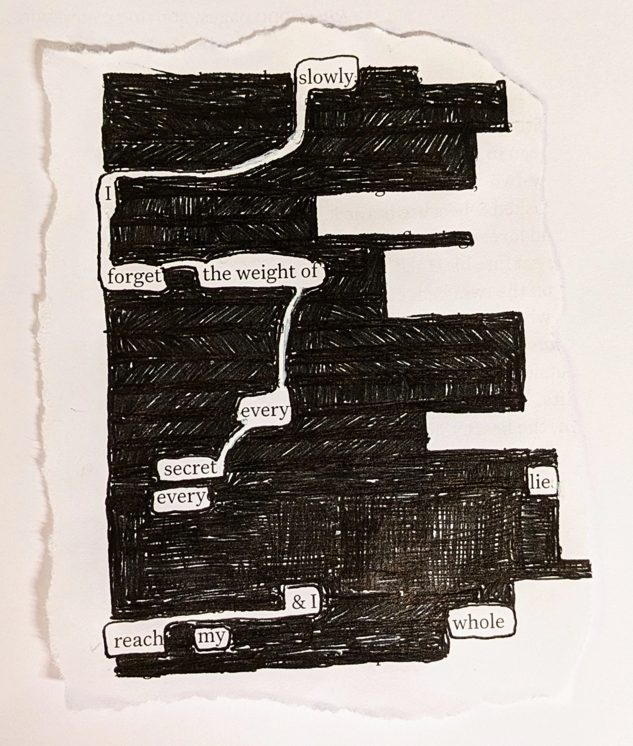 A torn piece of paper with a black background and white cut-out words arranged vertically, forming a poetic message about releasing secrets and the weight of lies.