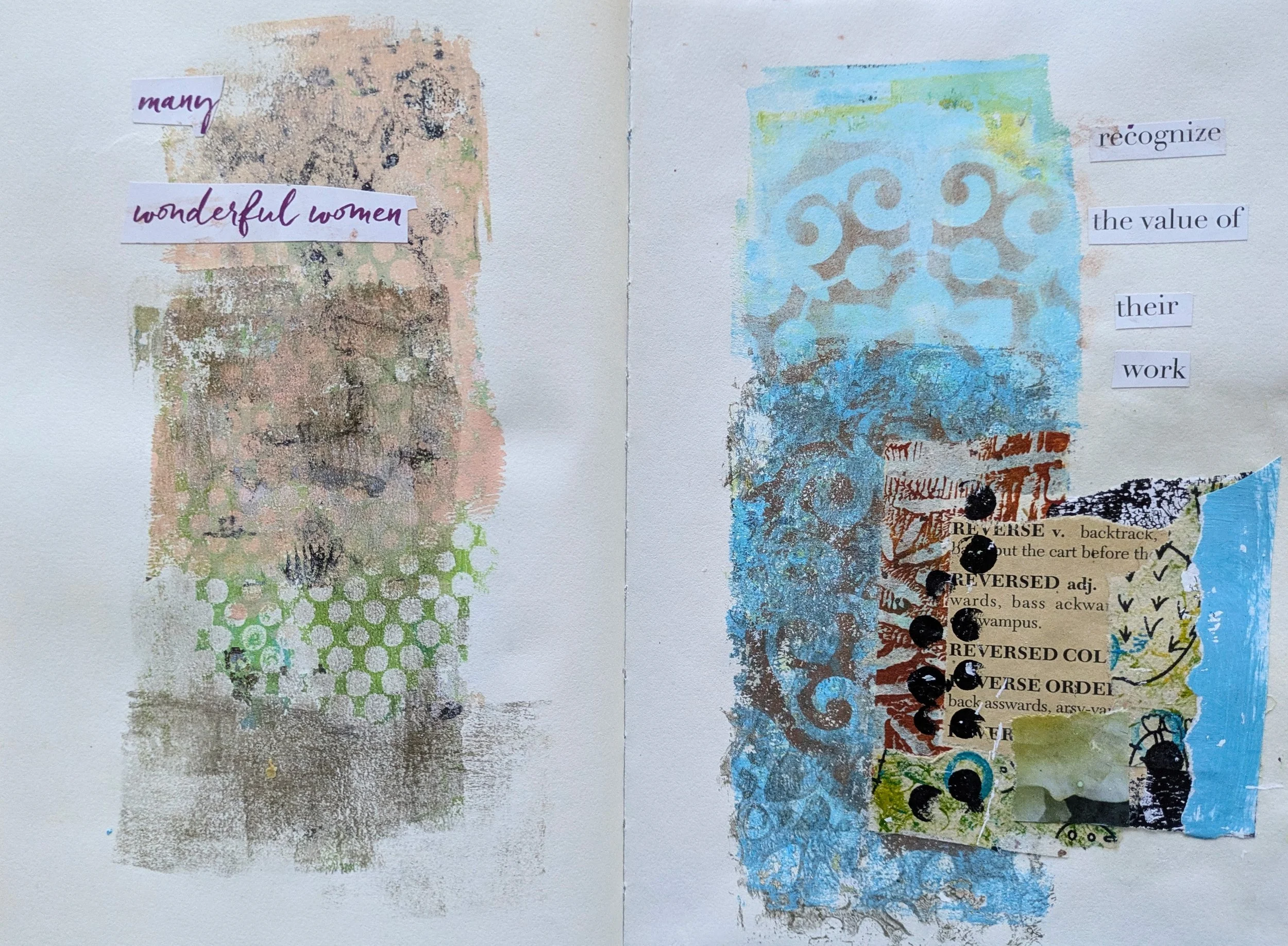 A mixed media collage with the left side featuring a textured background with a faint portrait of a woman, green and pink dots, and handwritten text saying 'many wonderful women.' The right side contains layered patterns, snippets of printed words, a