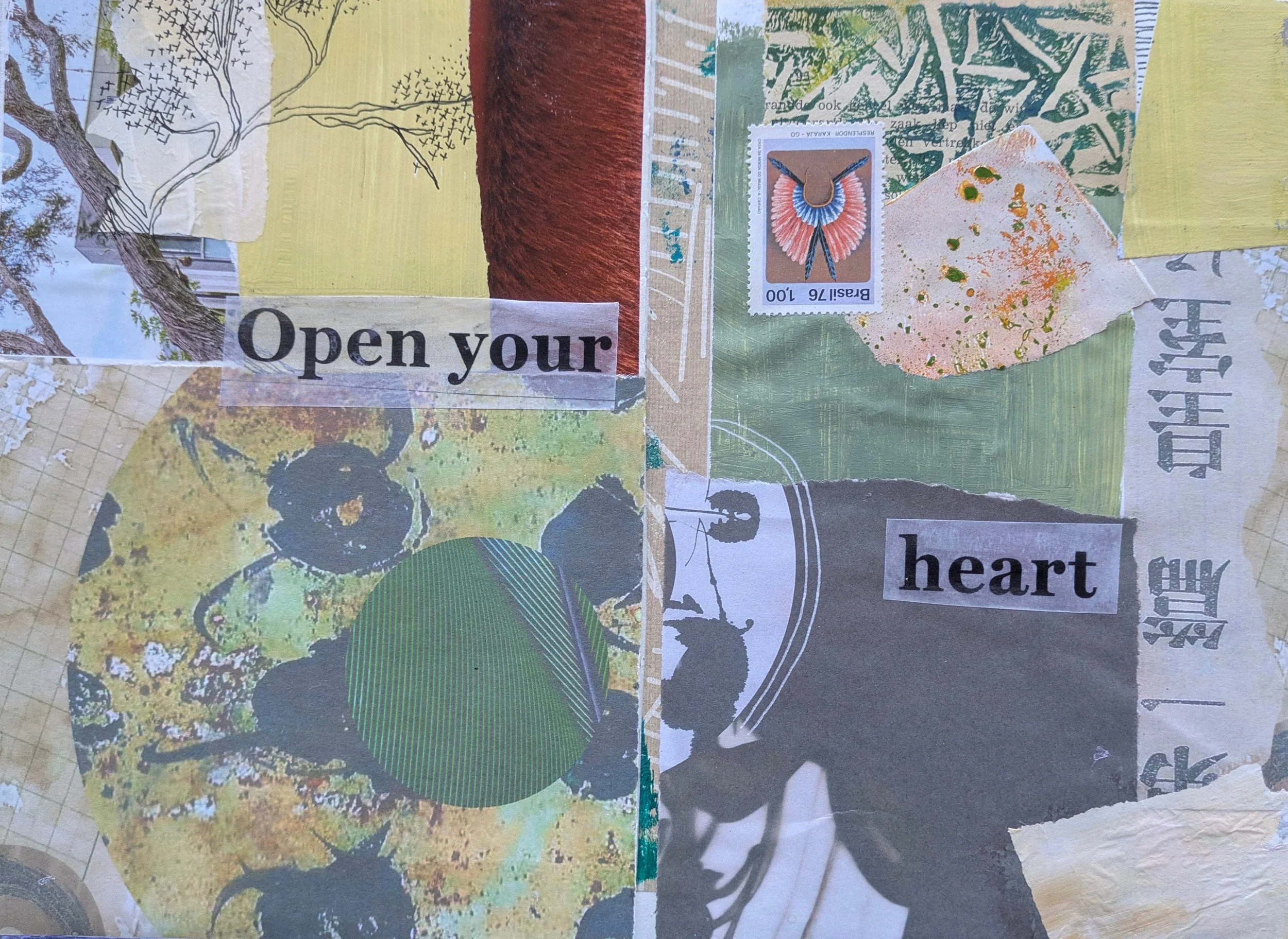 A collage of various images including a tree, a stamp, abstract patterns, and text that reads 'Open your heart'.