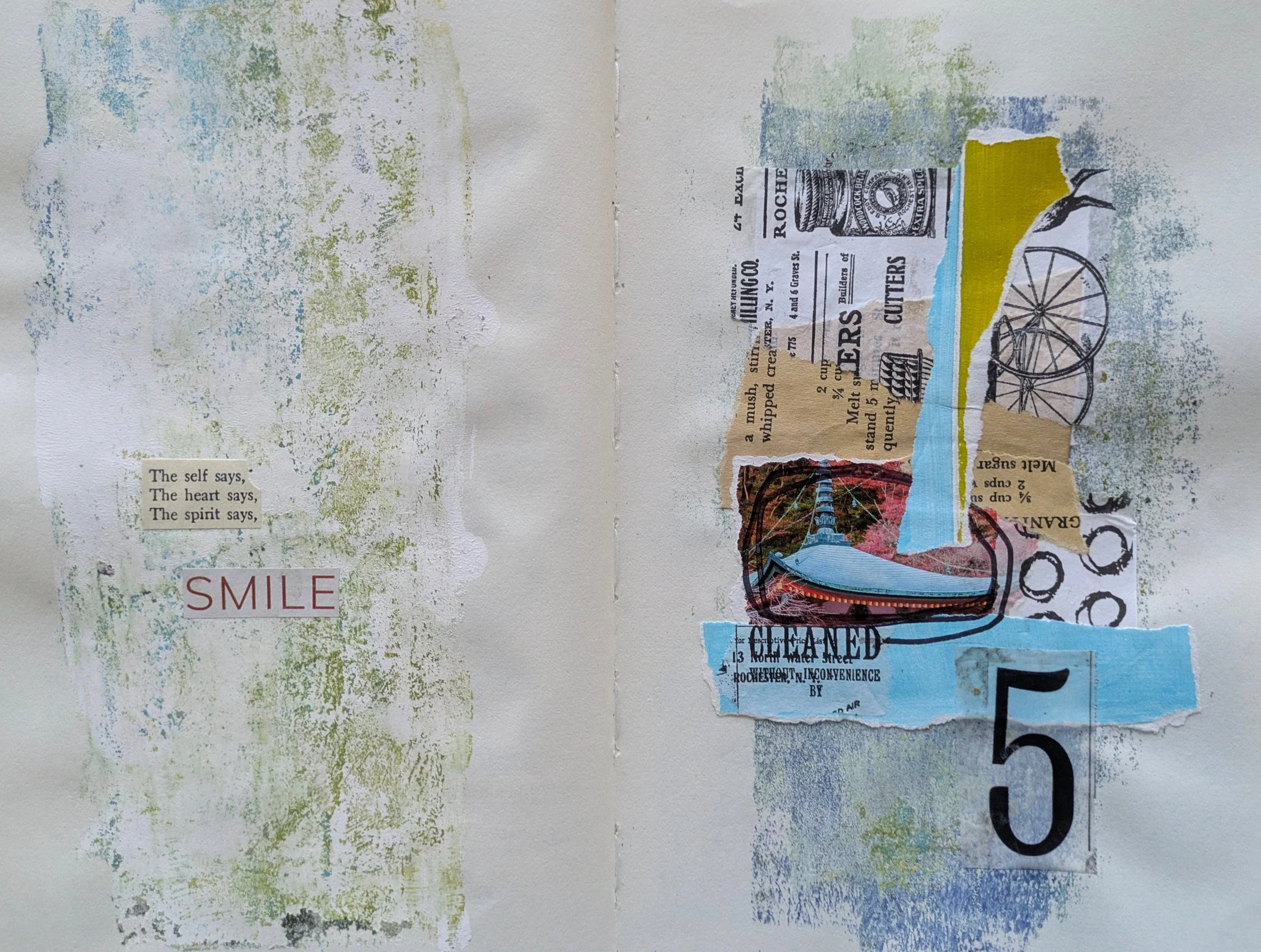 A mixed media collage featuring torn paper, vintage advertisements, a postcard, and a small painted landscape scene on paper, with text that reads 'The self says, The heart says, The spirit says, SMILE' on a textured background with watercolor-like g